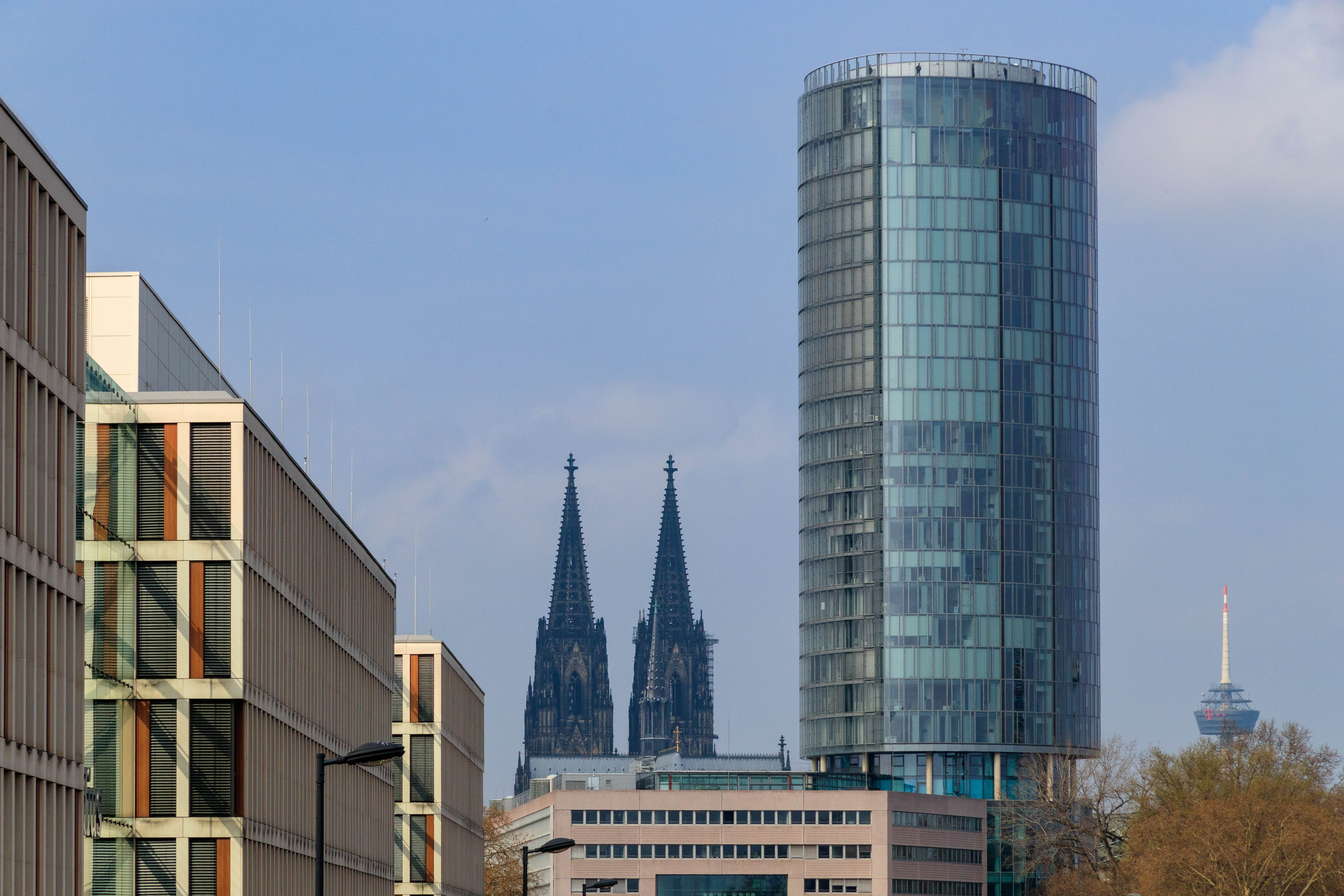 sky, 5K, skyscraper, outdoors, tall - high, rhine, spire, landmark, church, tower, modern, nature, day, architecture, building, building exterior, low angle view, HD Wallpaper