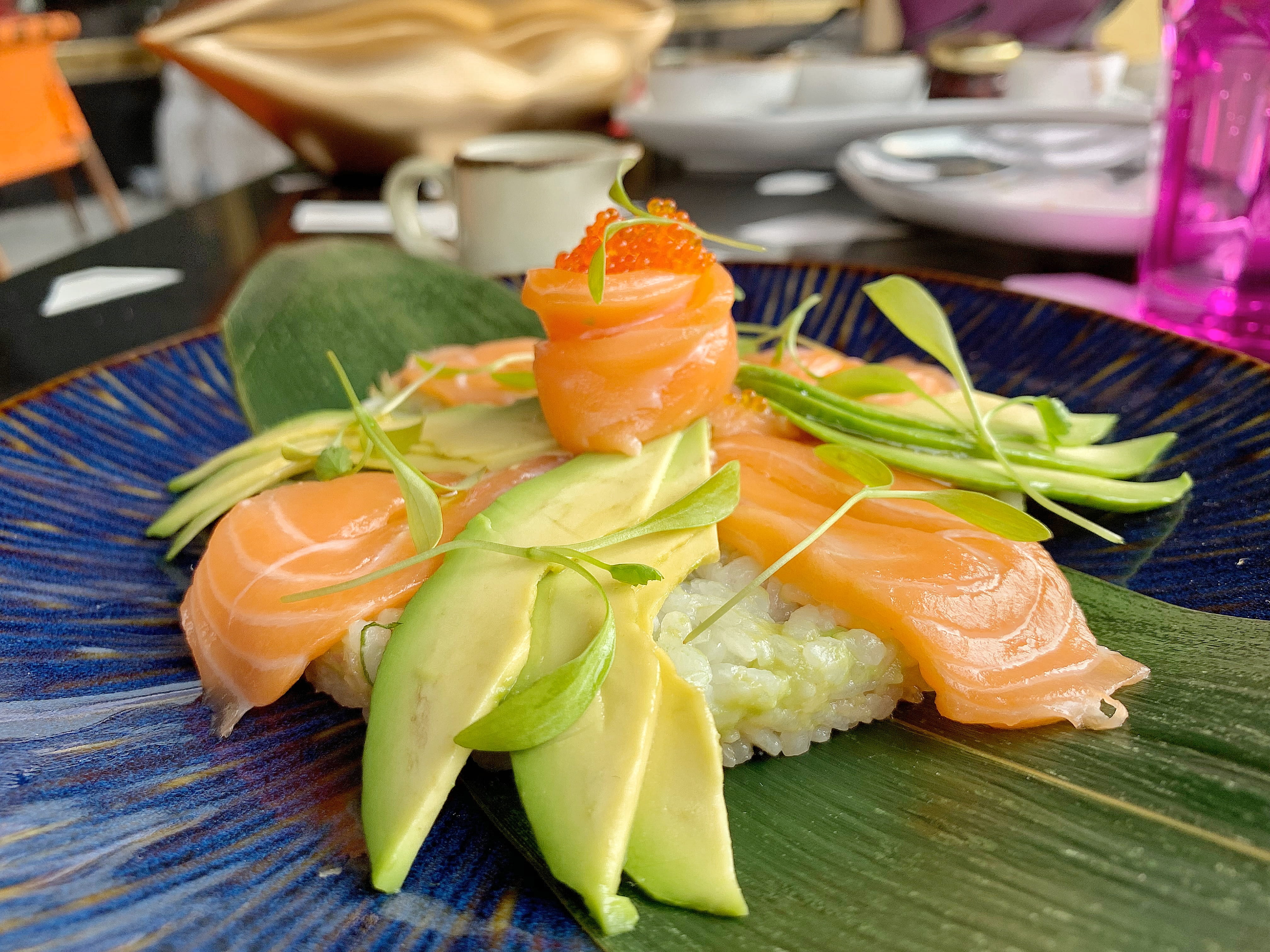 no people, avocado, rice, ready-to-eat, 5th floor, dish, table, seasoning, culinary, salmon - seafood, cafeteria, dining table, asian food, 4K, garnish, HD Wallpaper