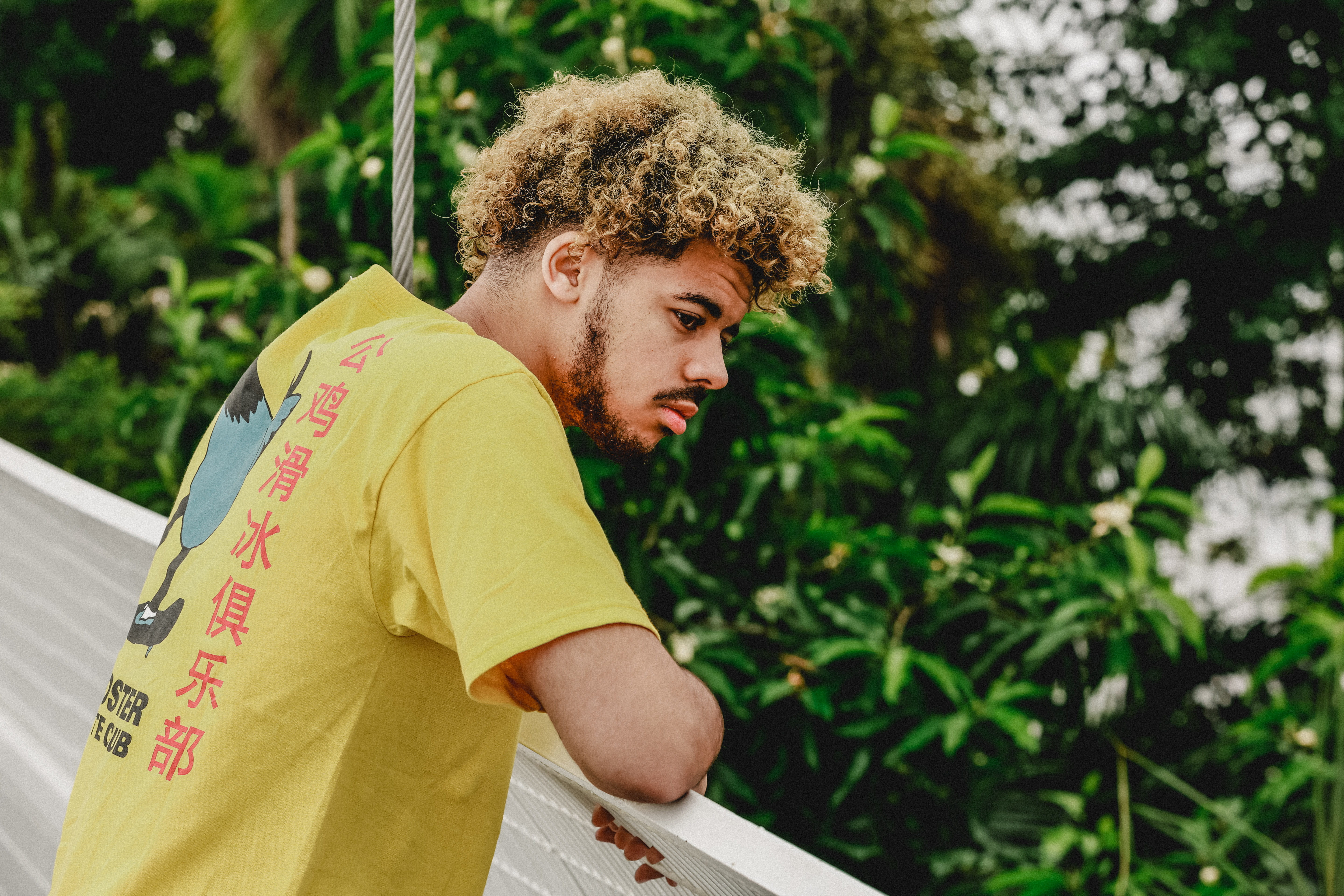 hair, trees, hairstyle, shirt, beard, t-shirt, shorts, looking, yellow, electronics, text, standing, one person, casual clothing, nature, afro hairstyle, HD Wallpaper