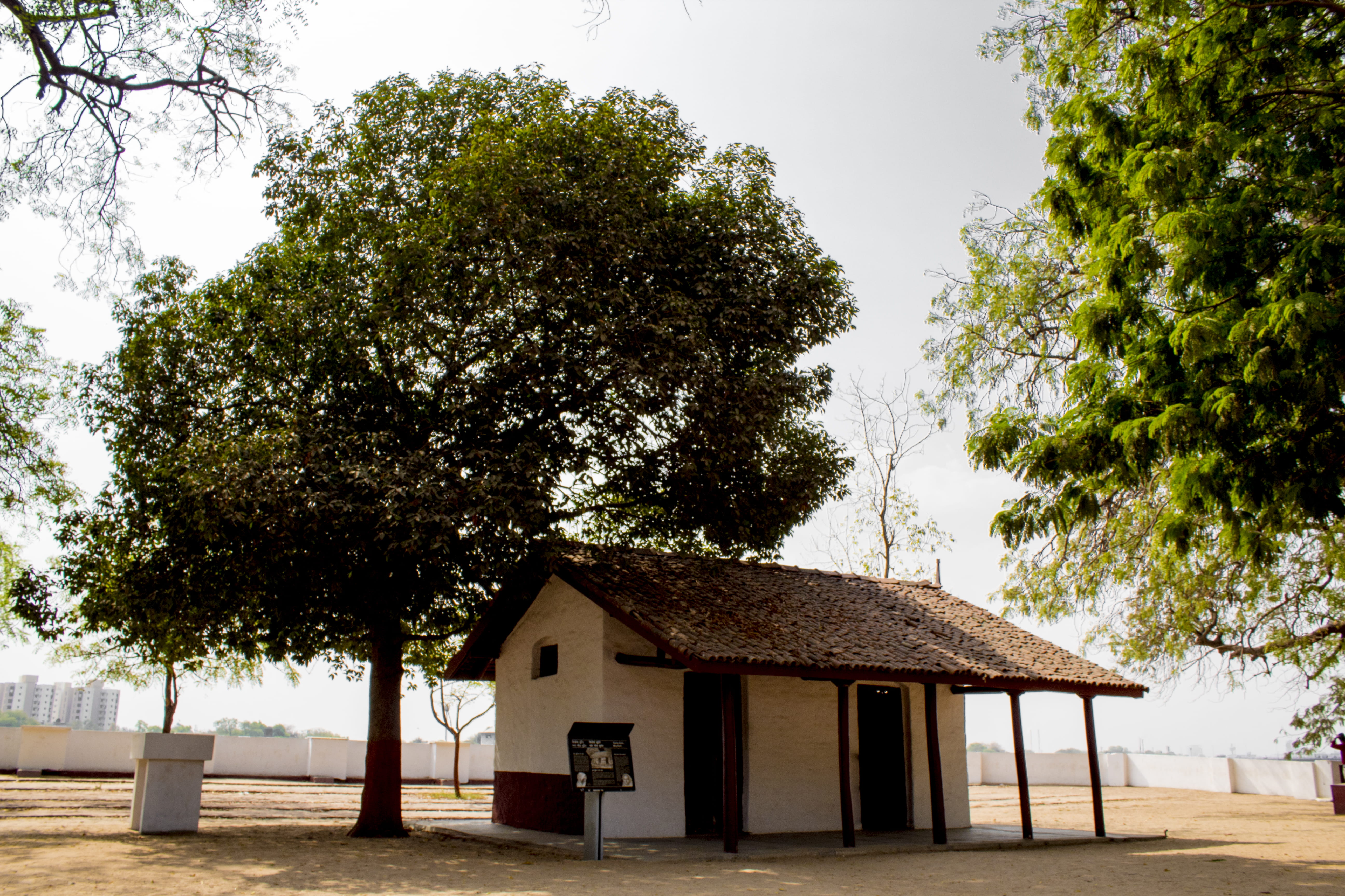land, building exterior, peace, tree, architecture, cabin, house, Sabarmati Ashram, sky, 5K, white, outdoors, nature, growth, roof, trees, clear sky, building, HD Wallpaper