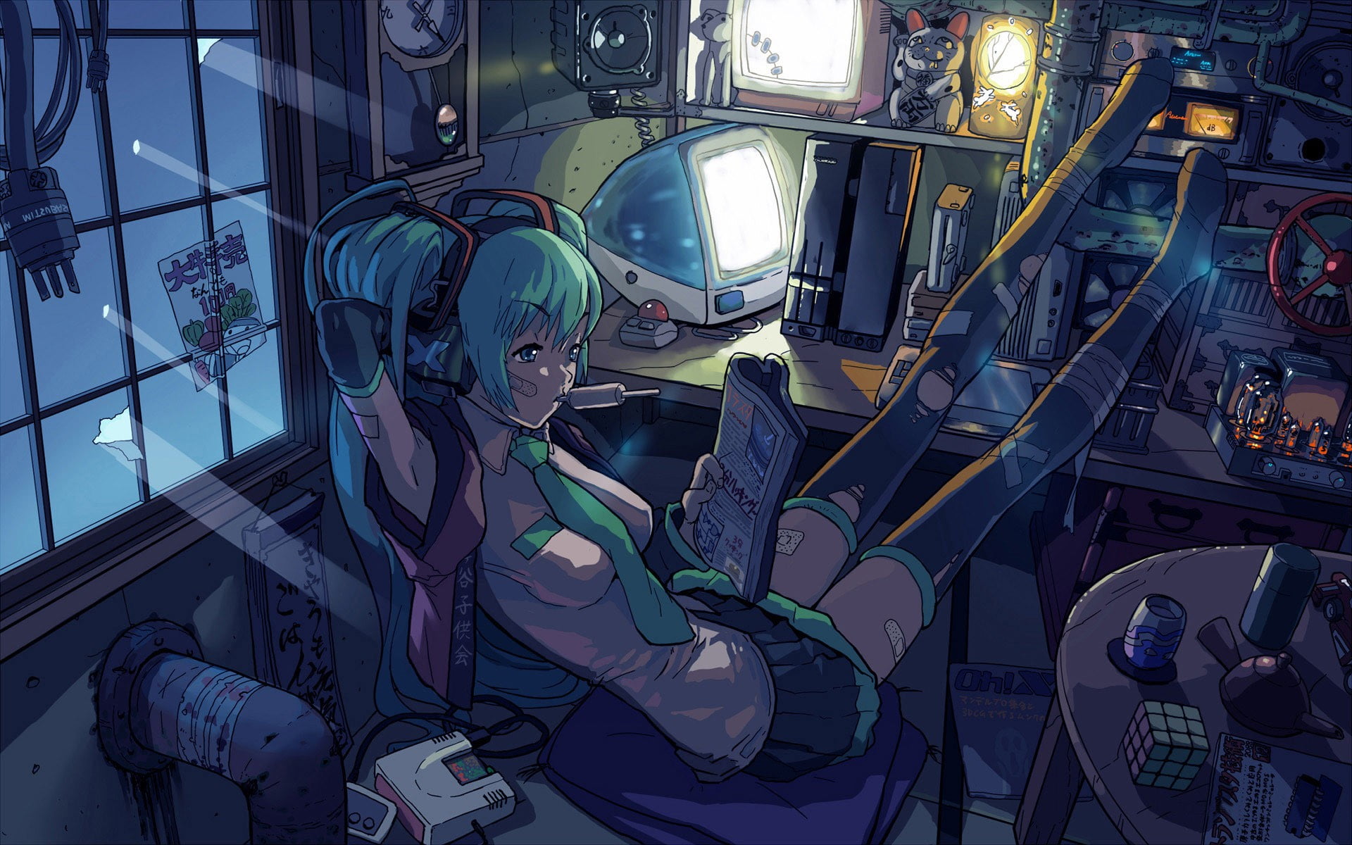 Vocaloid, computer, indoors, 1080P, day, mirror, young adult, lighting equipment, real people, architecture, connection, built structure, full length, HD Wallpaper