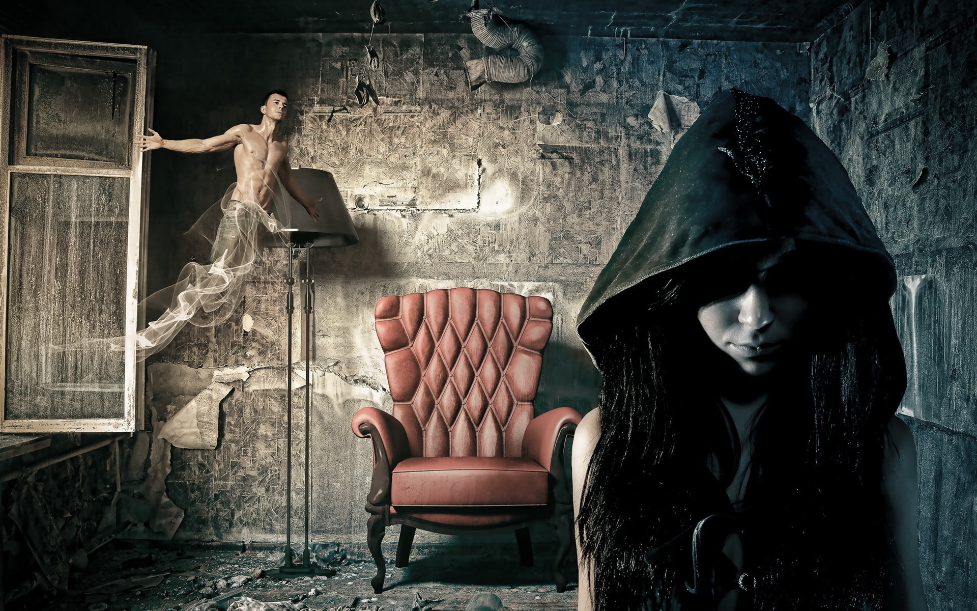 1080P, leather, mind dream, padded, mind, dream, woman in black, dude, armchair, brown, HD Wallpaper