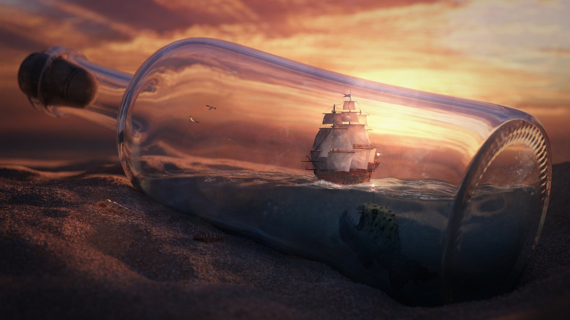 bottles, ship, 1080P, digital art, Ship In A Bottle, fantasy Art, Sailing Ship, HD Wallpaper