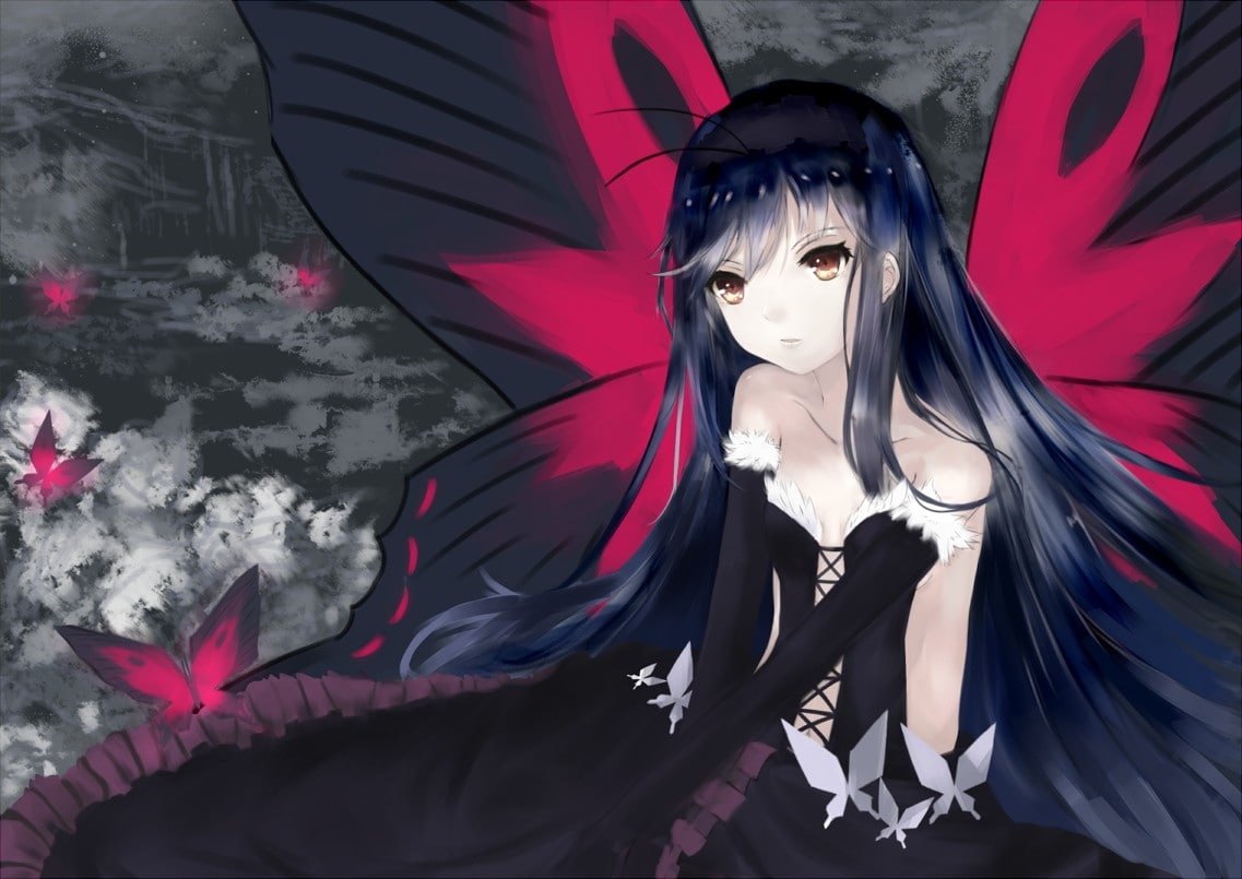 wings, world, accel, art, sleeves, butterfly, anime, Dress, eyes, animals, 480P, hd, hair, brown, girls, b, butterflies, ornaments, long hair, detached, HD Wallpaper