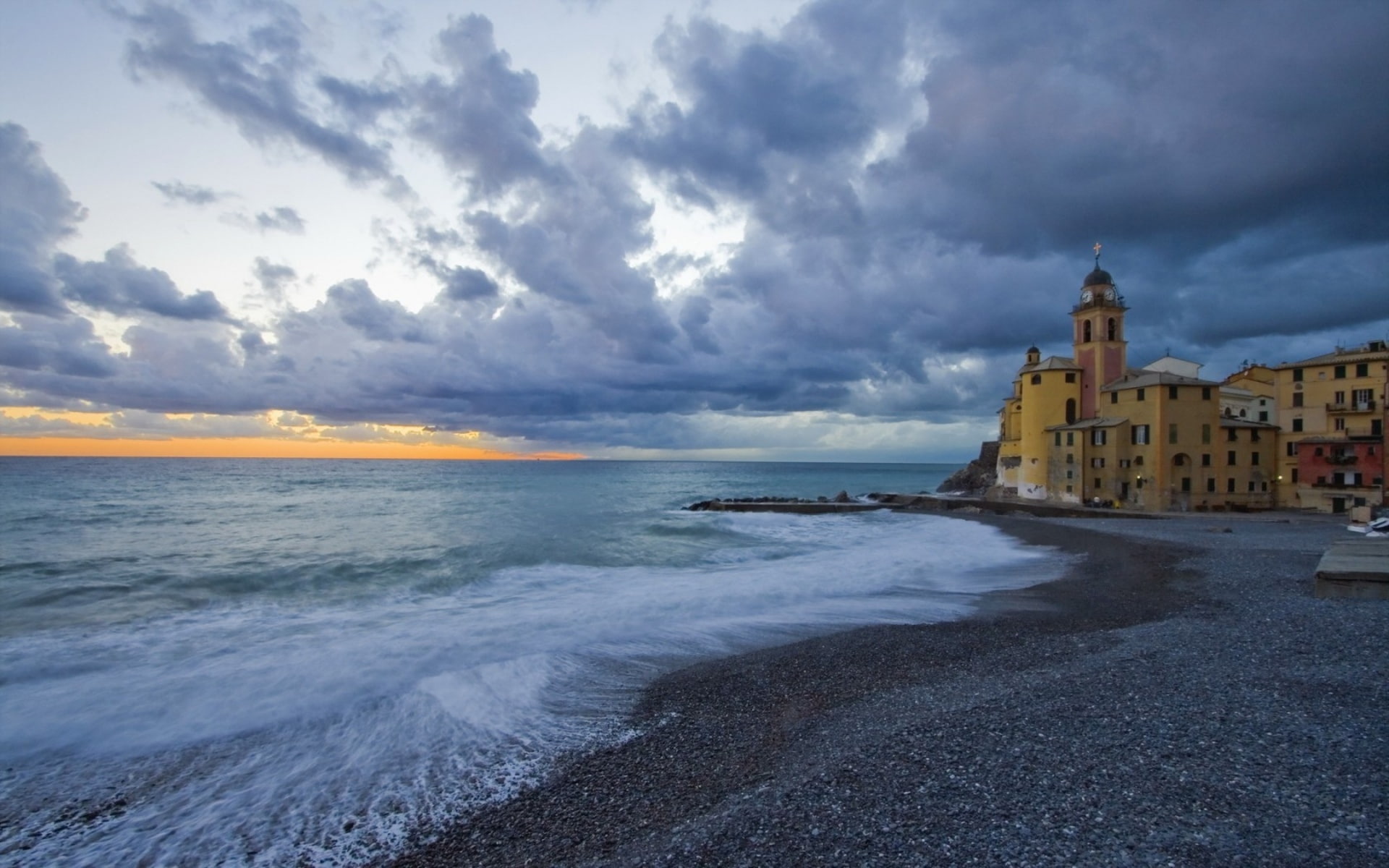 beach, architectire, ocean, clouds, landscape, sky, sea, buildings, 1080P, sunset, temple, shore, HD Wallpaper