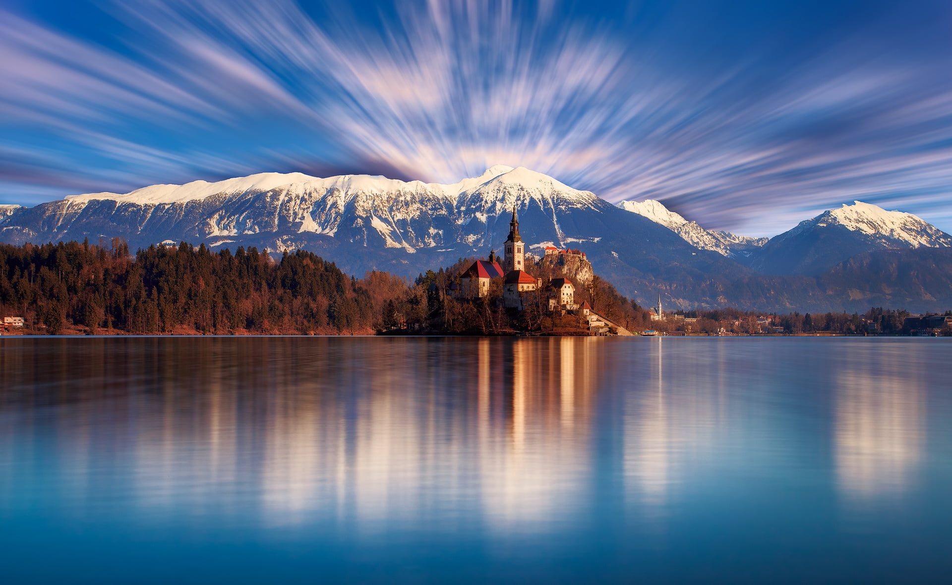 scenics - nature, cold temperature, outdoors, 1080P, forest, mountain, temple, trees, the sky, Bled, snowcapped mountain, snow, Church, reflection, sky, HD Wallpaper