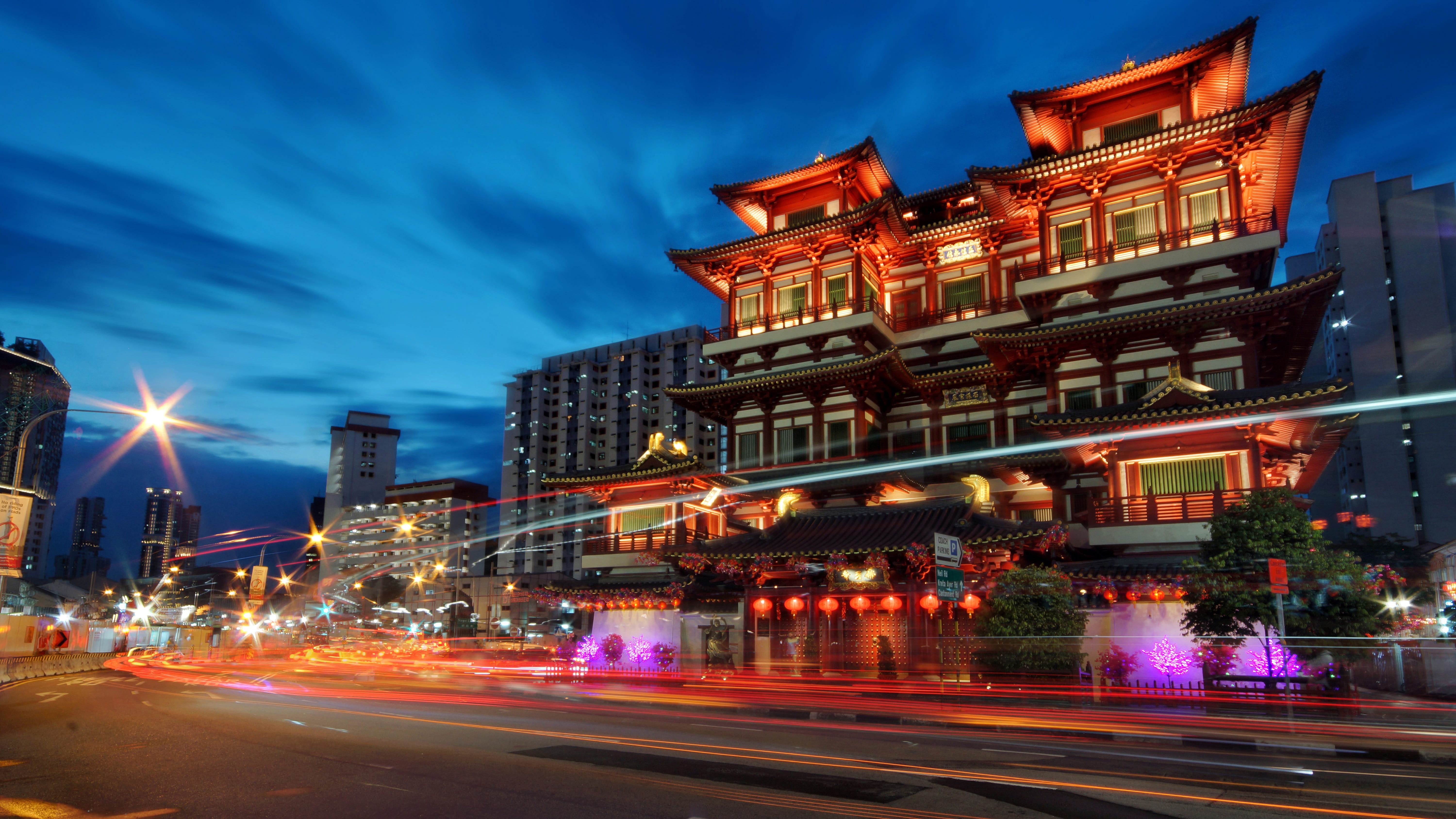 night, building, lighting, tourist attraction, religion, outdoors, buddhism, skyscraper, town, buddha tooth relic temple, office building exterior, city street, HD Wallpaper