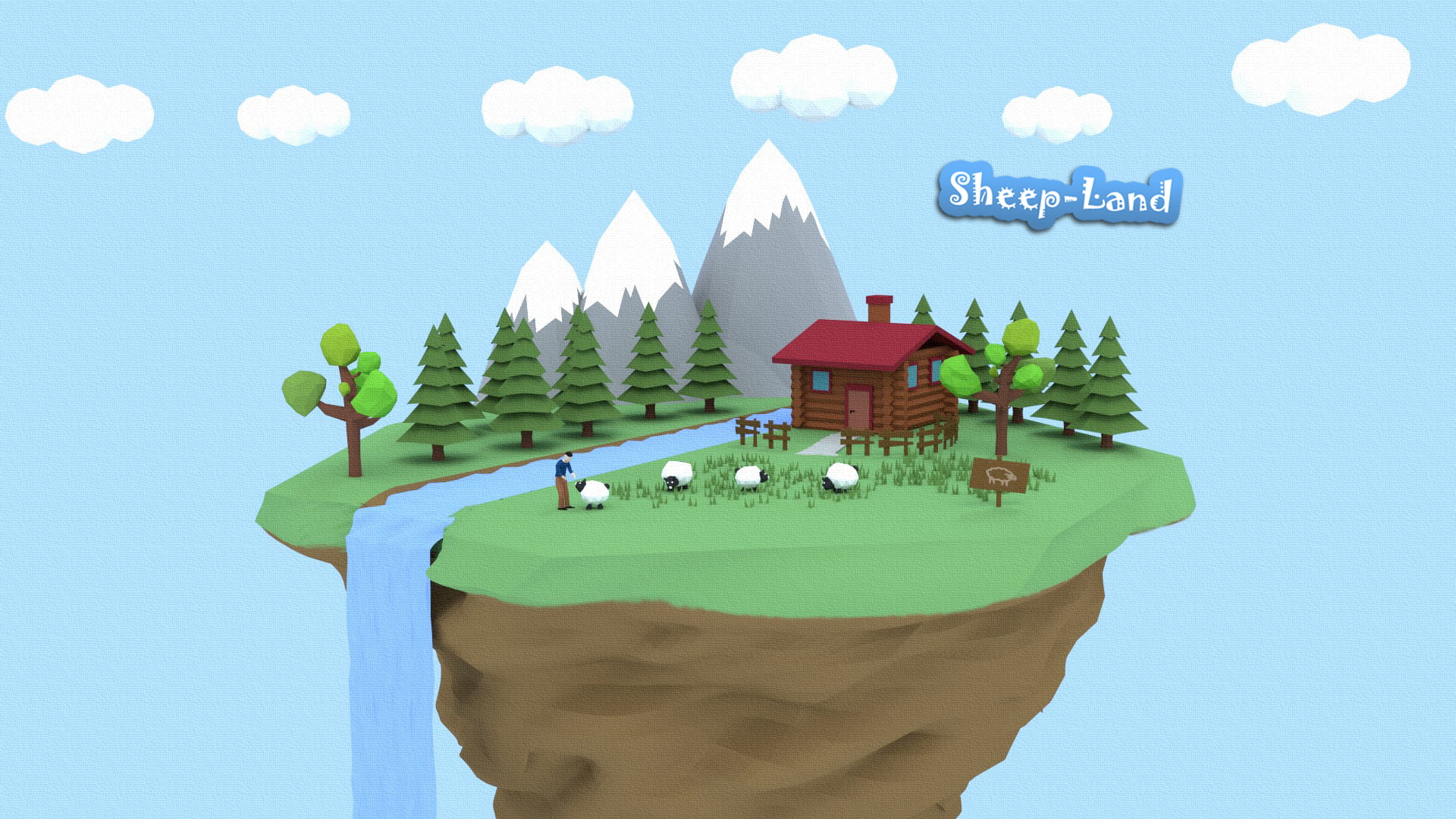 floating, clouds, mountains, nature, minimalism, sheep, 1080P, low poly, Sheep-Land, trees, wood house, grass, house, Blender, diorama, sky, HD Wallpaper