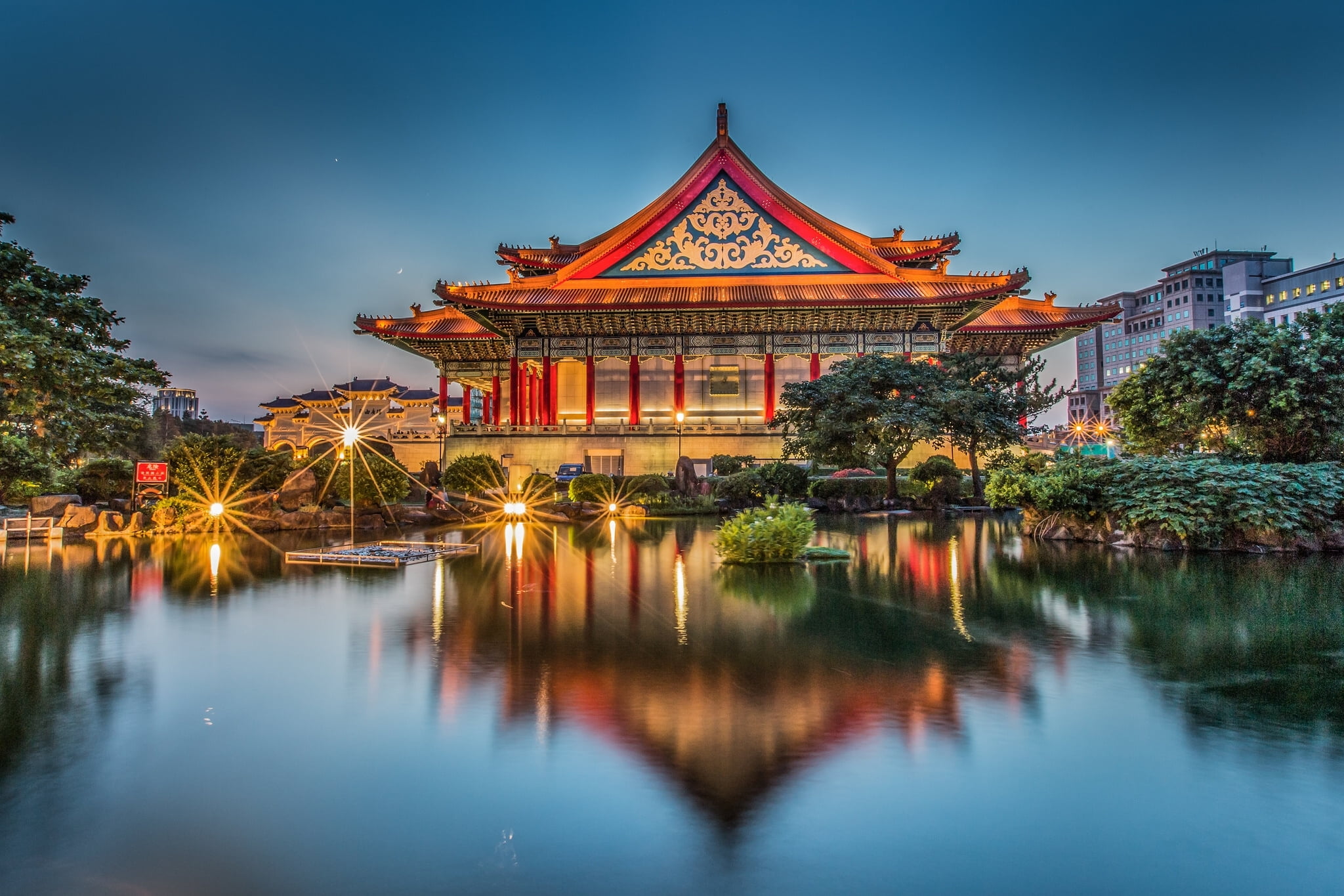 dusk, outdoors, water, waterfront, building, Taiwan, no people, Taipei, city, Concert Hall, travel destinations, illuminated, building exterior, Memorial hall Chiang Kai-shek, HD Wallpaper