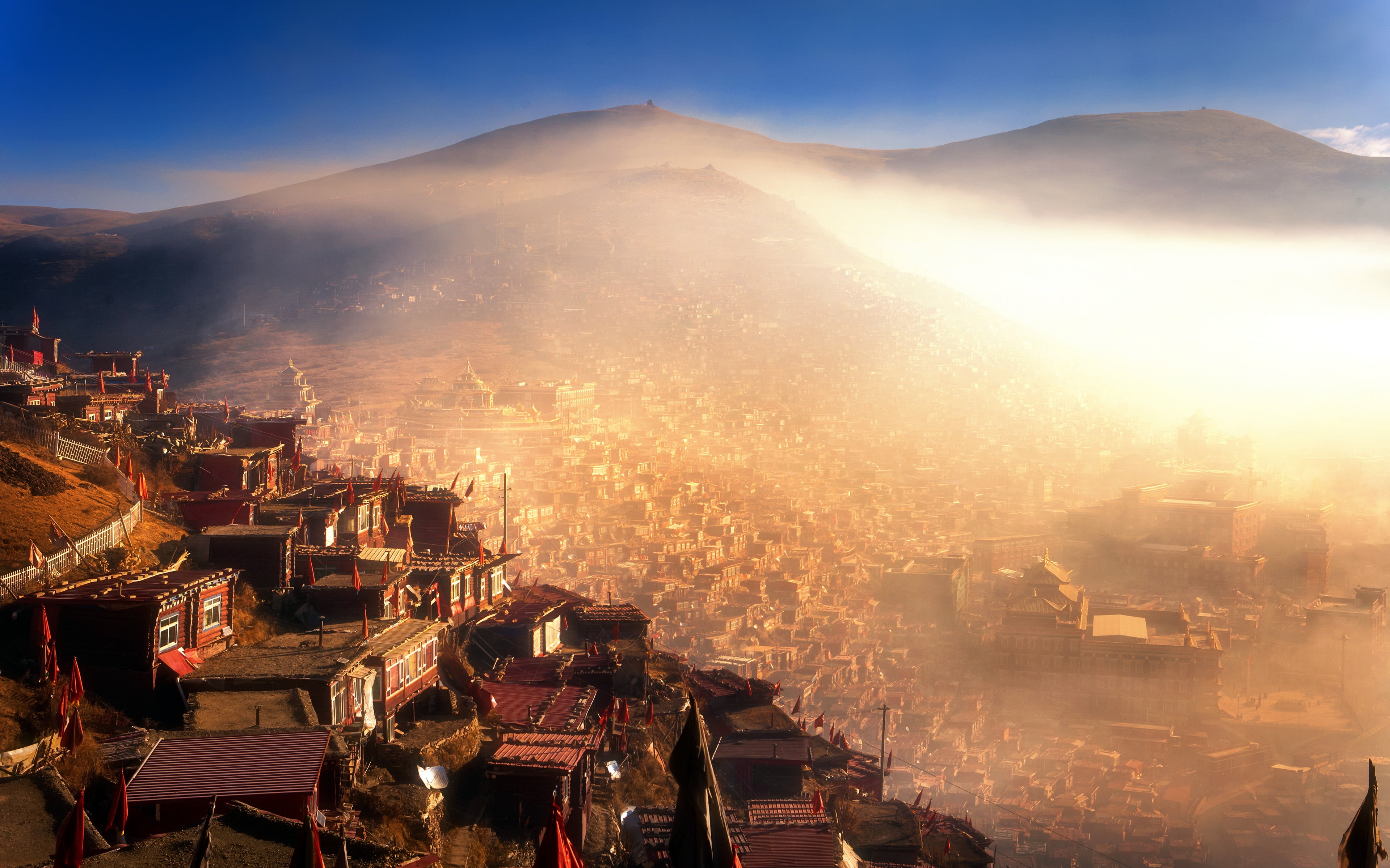 high angle view, tibetan, travel destinations, mountain, no people, city, built structure, building, holy, smoke - physical structure, morning, architecture, HD Wallpaper