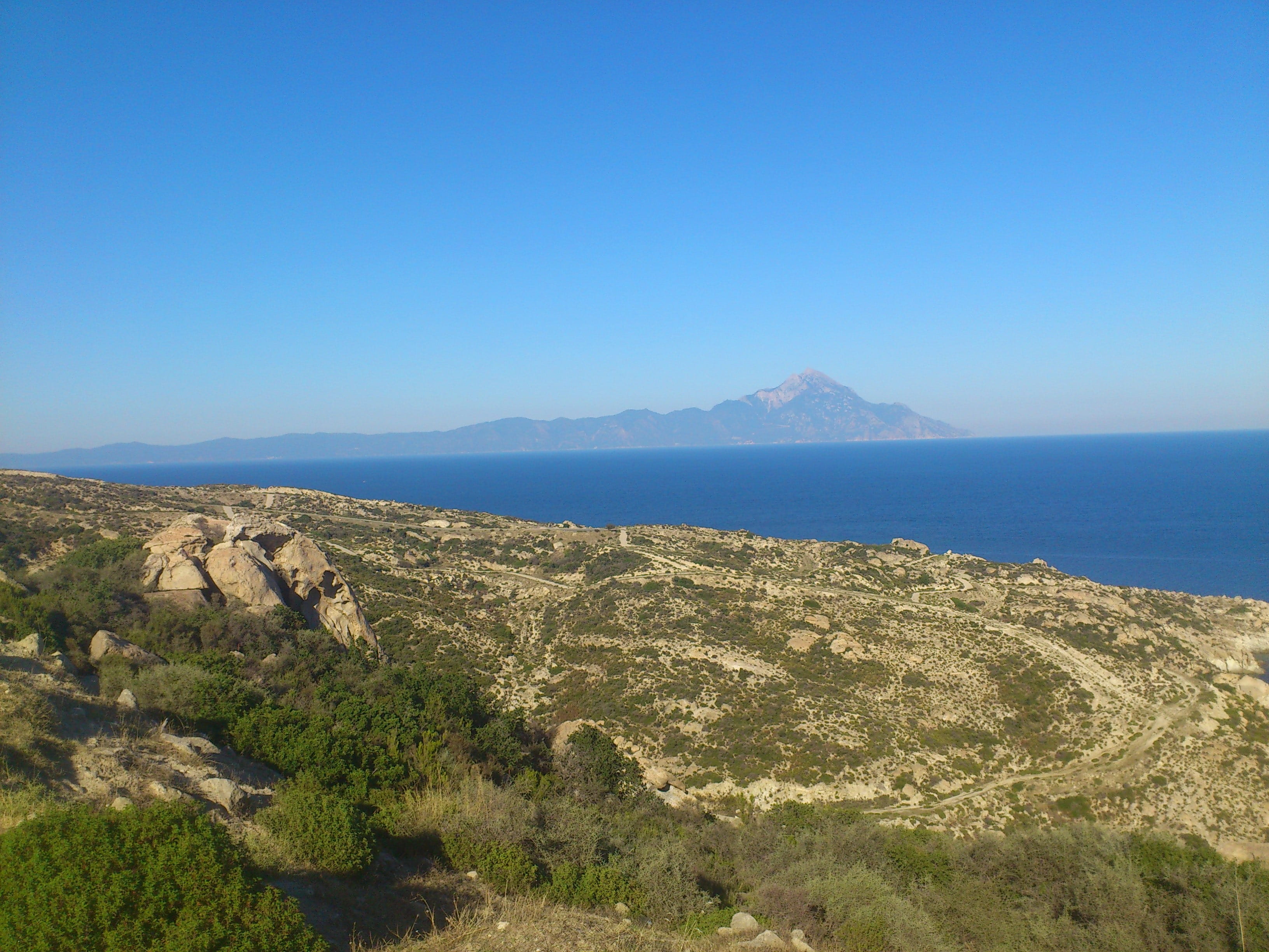 day, tranquil scene, blue, scenics, Halkidiki, non-urban scene, Sithonia, landscape, no people, mountain peak, clear sky, sky, beauty in nature, copy space, HD Wallpaper