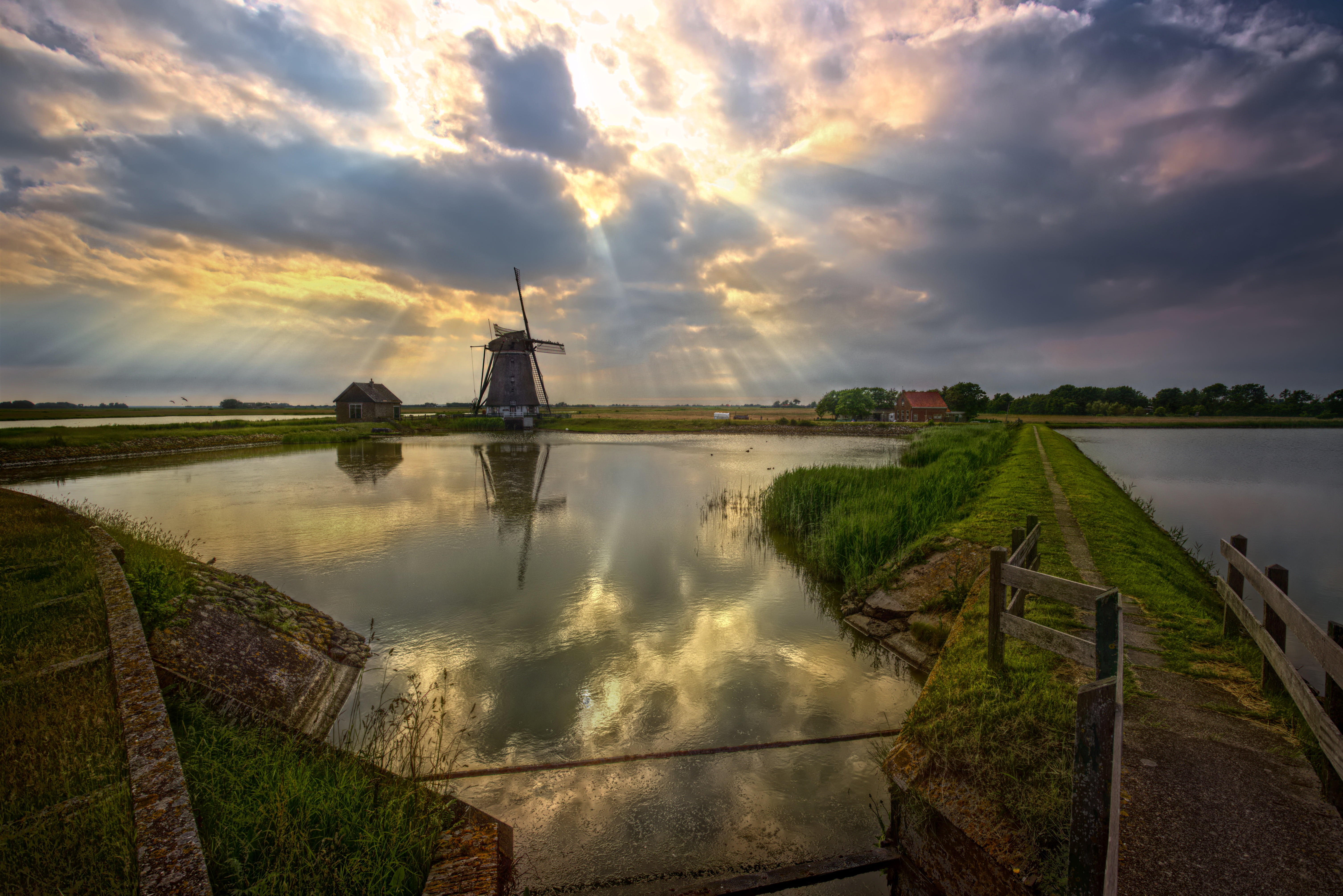 tranquil scene, cloud - sky, architecture, reflection, agriculture, river, outdoors, tranquility, panorama, sun, sky, nautical vessel, built structure, HD Wallpaper