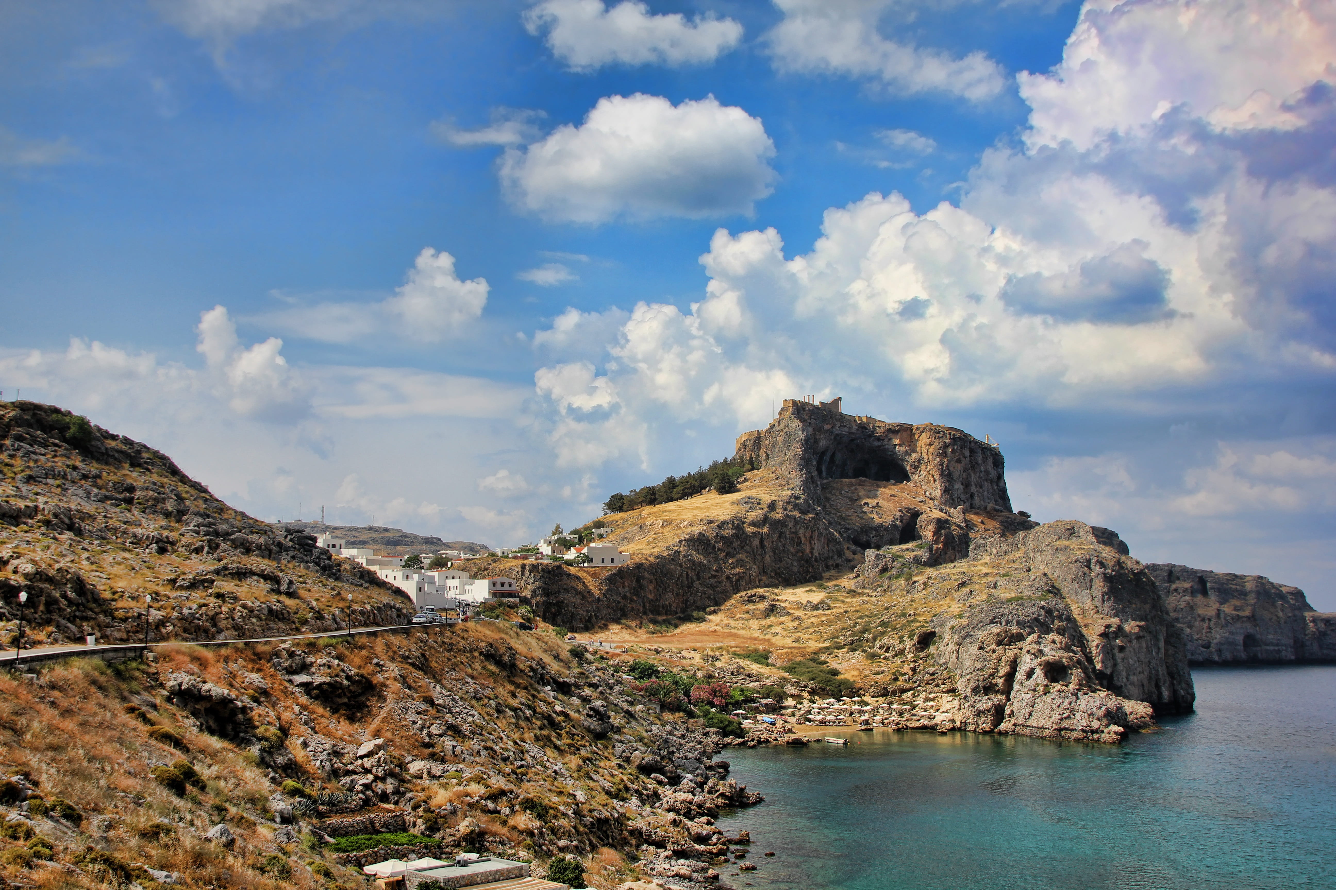 holiday, cloud - sky, castle, rock formation, rocky coastline, Castle, Rhodes, water, dodecanese, tranquility, land, nature, acropolis, Rock, scenics - nature, HD Wallpaper