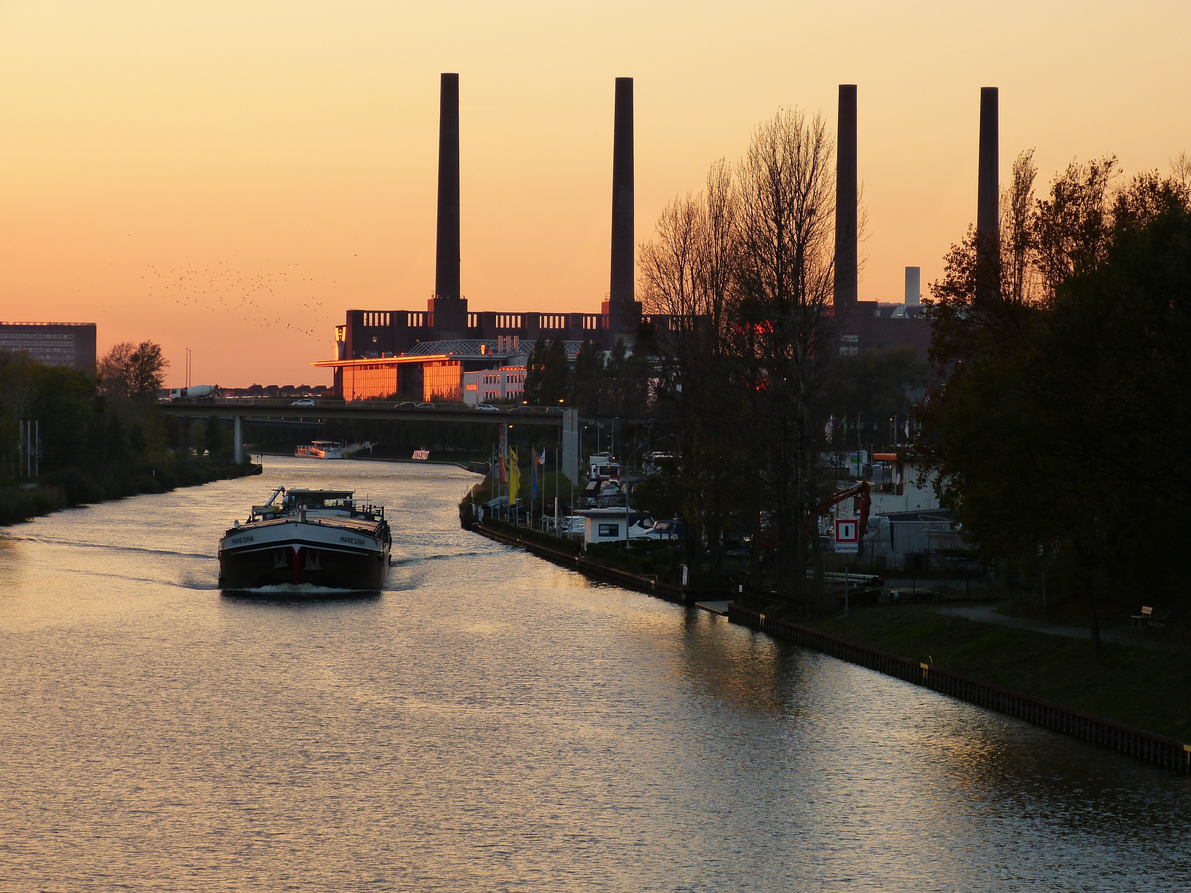 abendstimmung, channel, ship, outdoors, chimney, power plant, mode of transportation, industry, germany, sky, no people, orange color, tree, city, architecture, HD Wallpaper