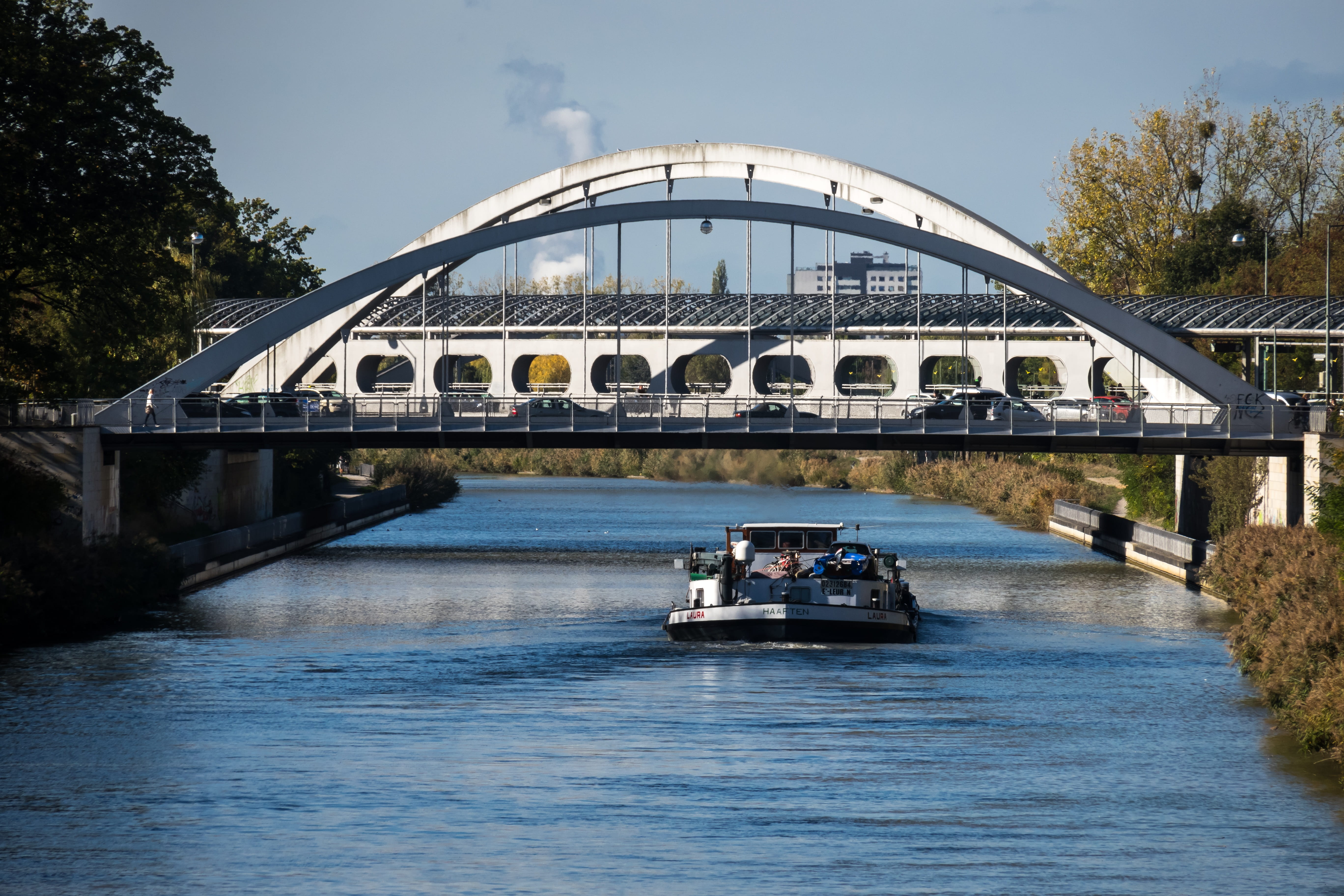 sky, connection, building exterior, day, mode of transportation, mittelland canal, built structure, water, bridge - man made structure, 5K, inland waterway transport, HD Wallpaper