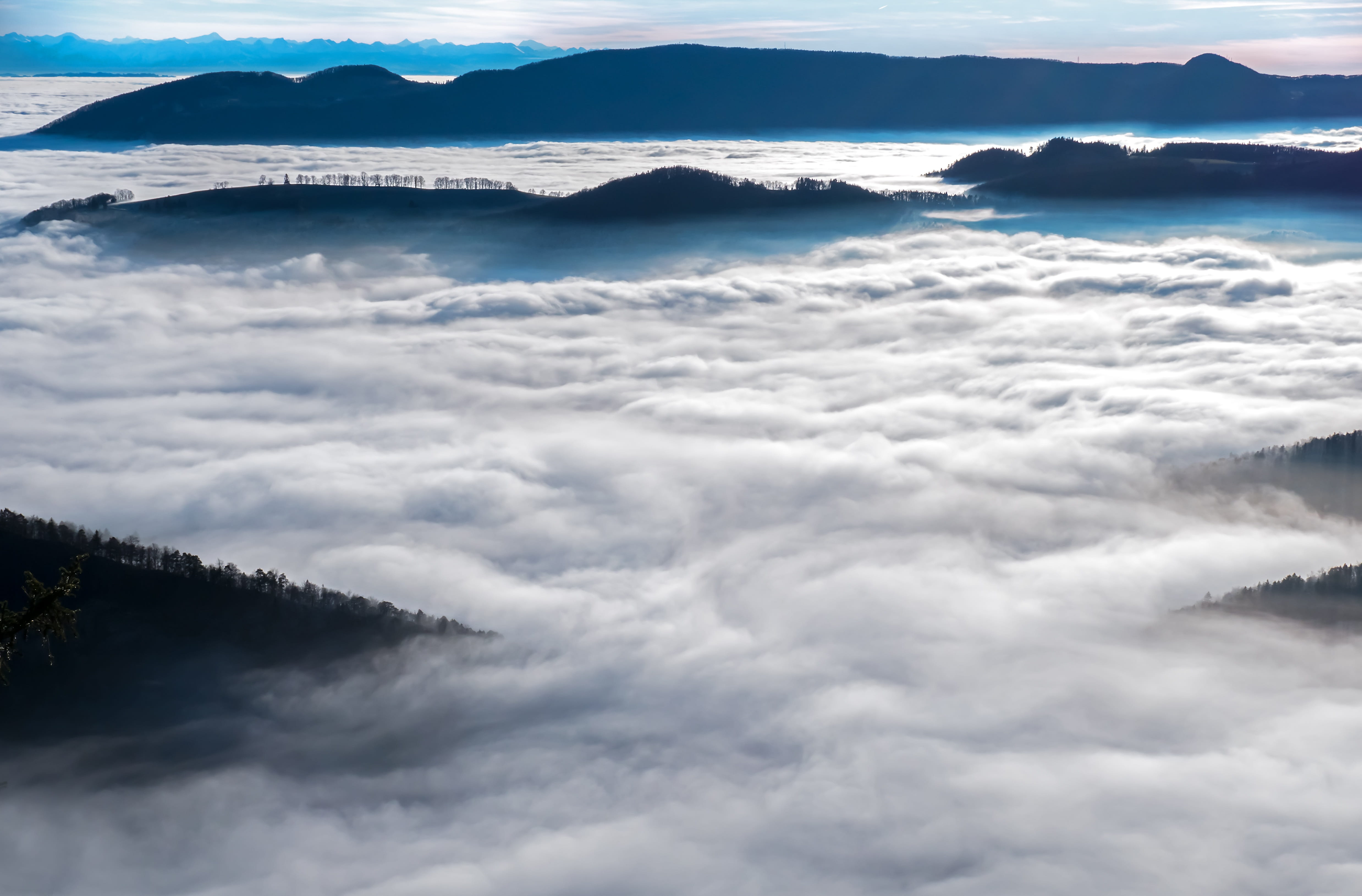 sea of fog, cloud - sky, beauty in nature, softness, 4K, mountain, outdoors, tranquil scene, non-urban scene, cloudscape, day, environment, mittelland, HD Wallpaper