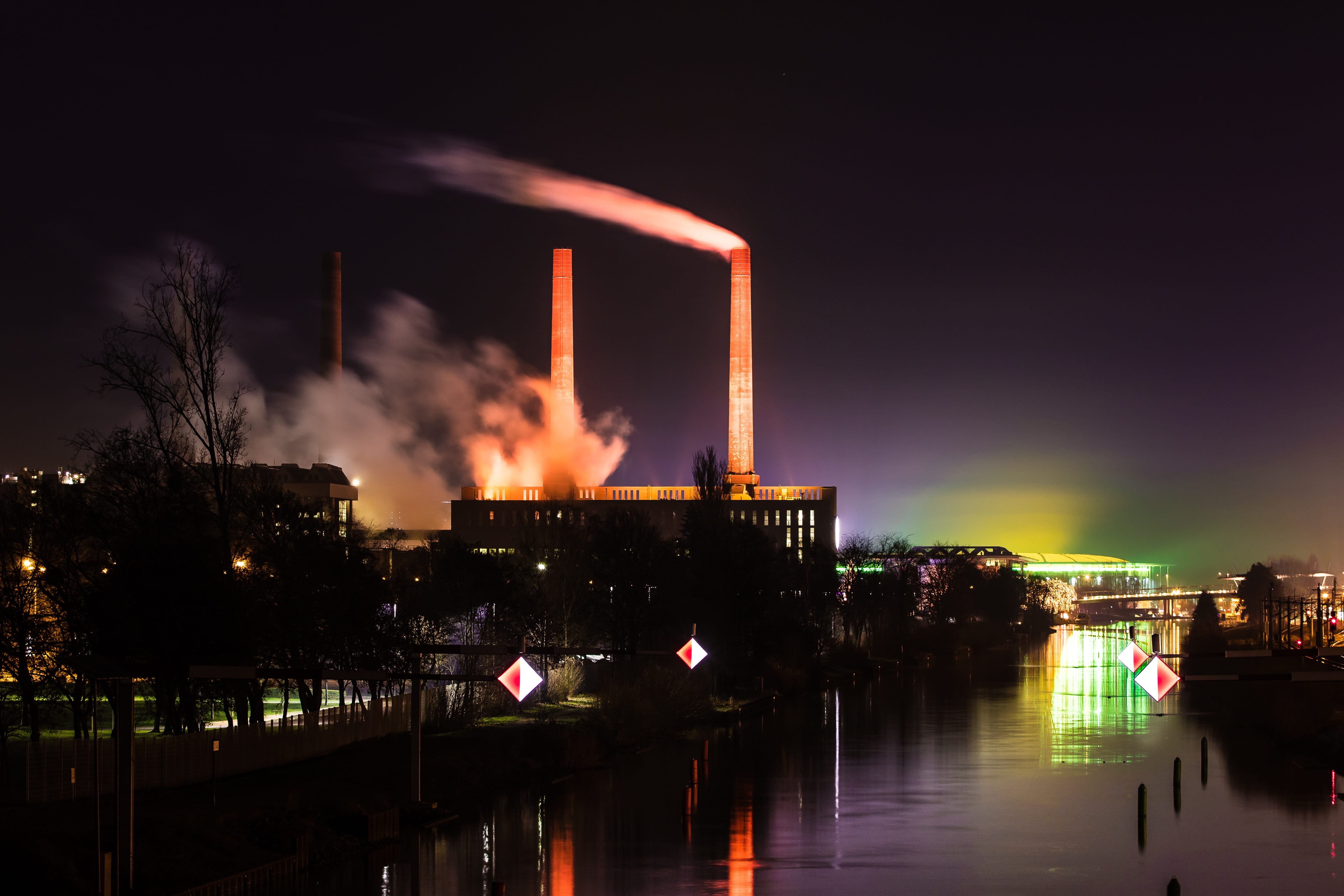 night, Flame, water, environmental issues, channel, volkswagen, pollution, 5K, smoke - physical structure, sky, reflection, night photograph, no people, HD Wallpaper
