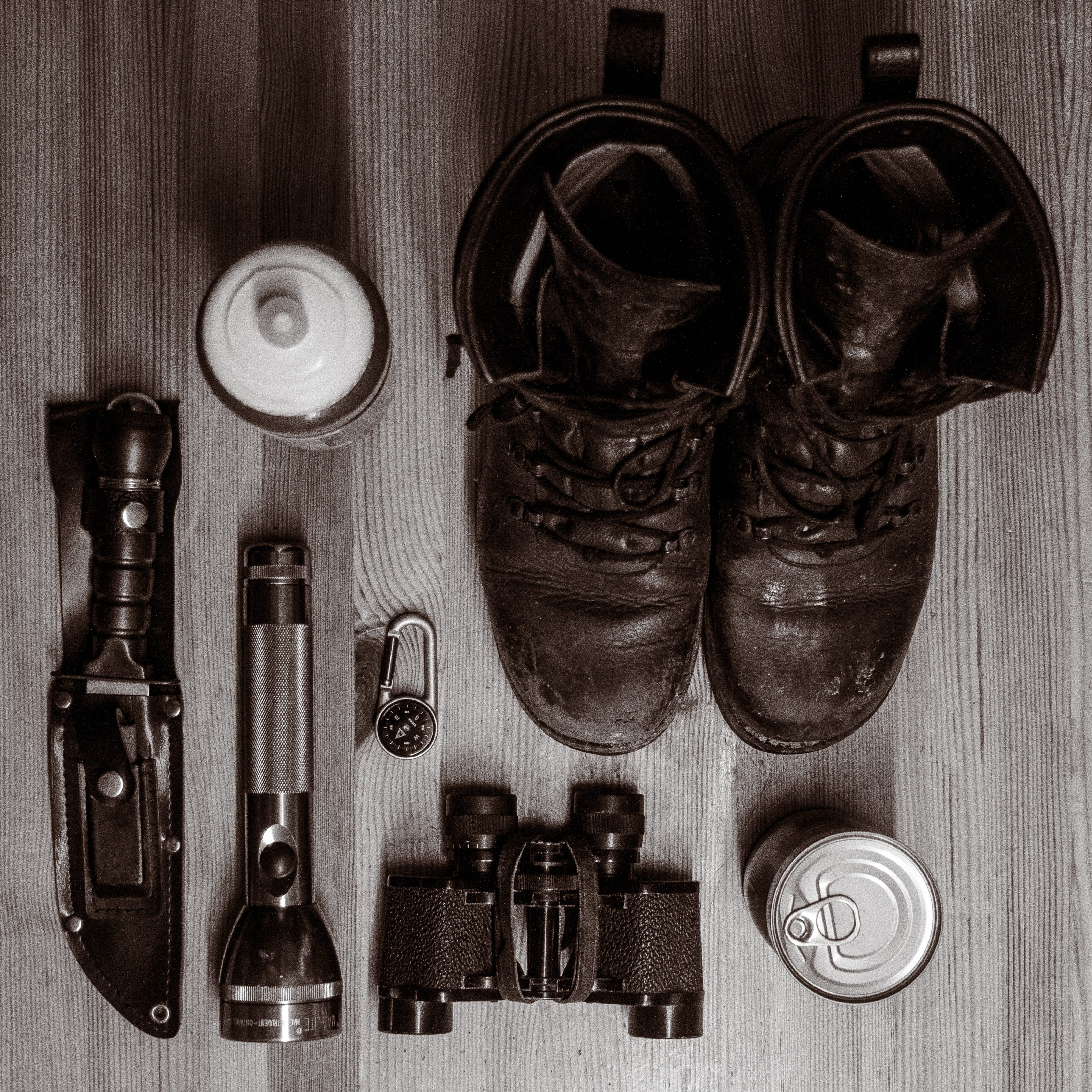 leather, large group of objects, compass, fashion, binoculars, choice, flashlight, directly above, indoors, package, shoe, survive, boots, knife, high angle view, Phone HD Wallpaper