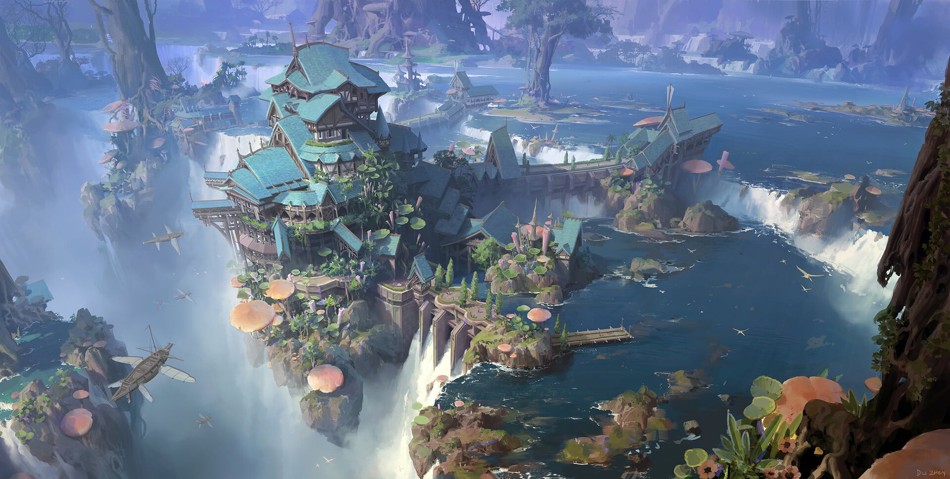 river, city, cliff, lok du, 1080P, fantasy art, ship, waterfall, digital art, mushroom, HD Wallpaper
