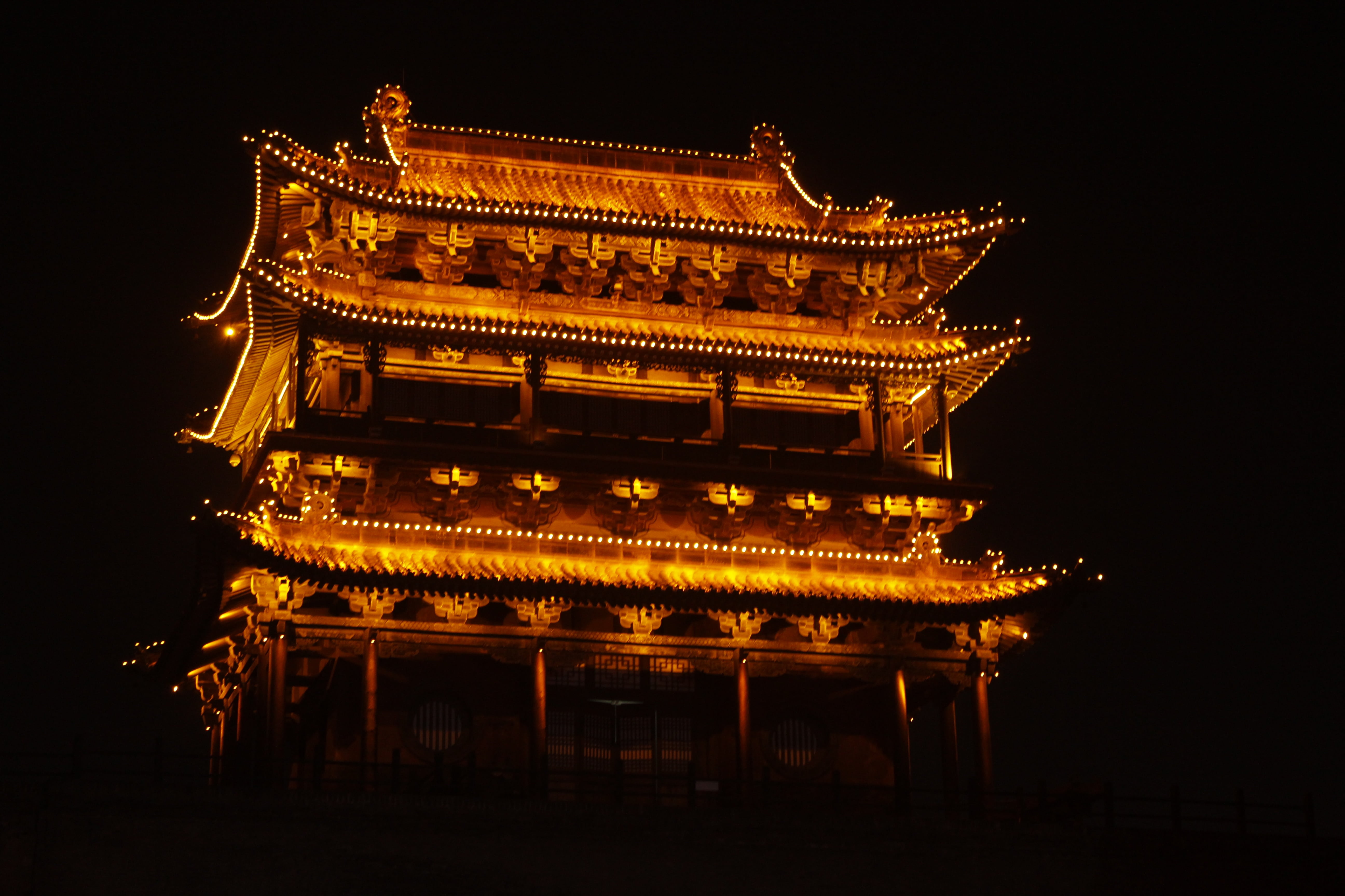 ornate, building, illuminated, lighting equipment, china, outdoors, religion, pingyao, place of worship, famous Place, building exterior, pagoda, night, HD Wallpaper