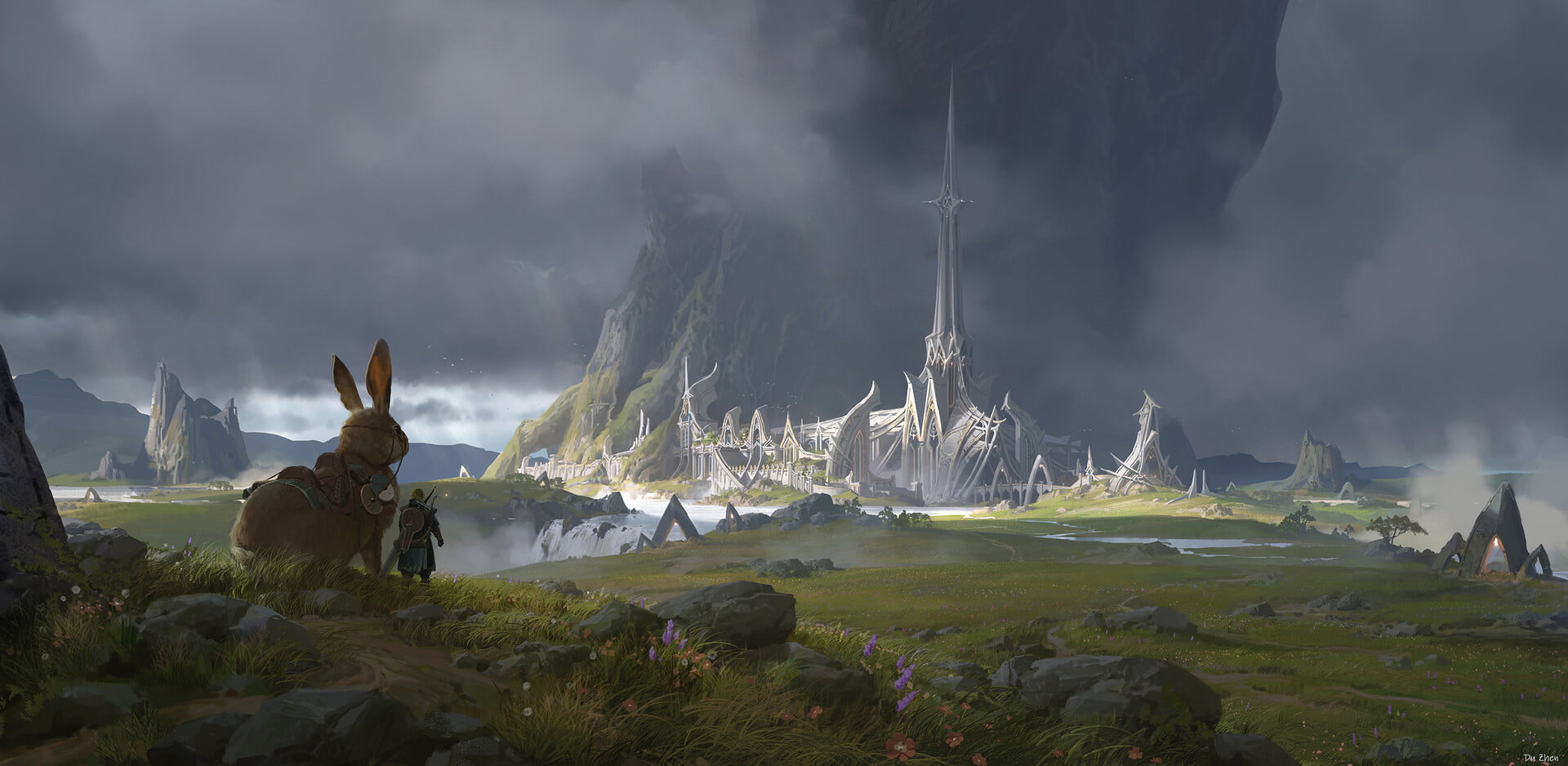 fantasy city, lok du, rabbits, mountains, 1080P, giant, digital art, castle, HD Wallpaper