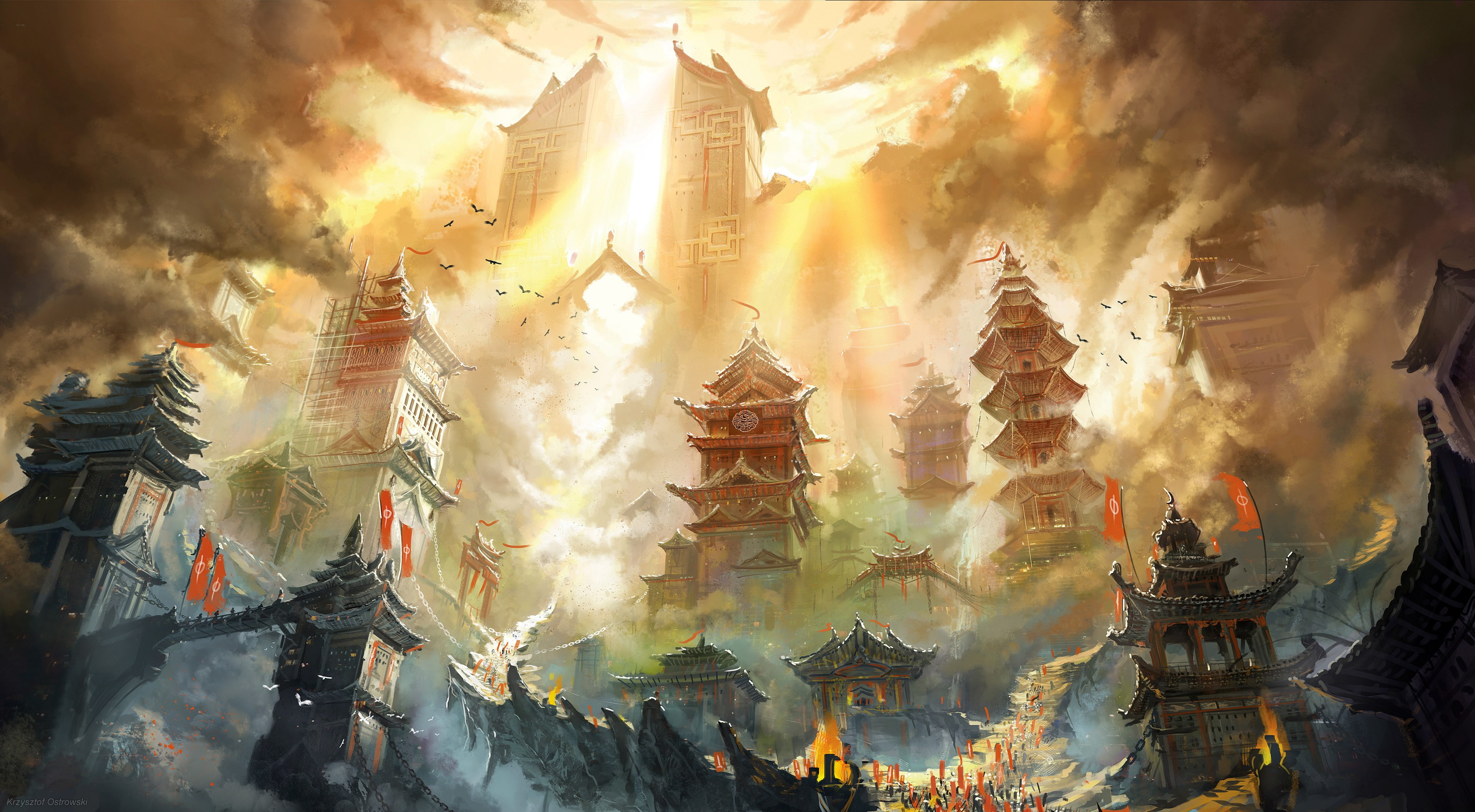 building, architecture, digital art, Krzysztof Ostrowski, 4K, pagoda, artwork, Asian architecture, HD Wallpaper