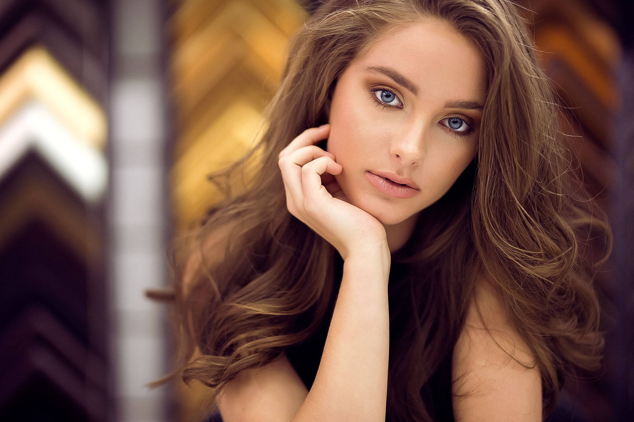 blue eyes, 1080P, Eric Snyder, pink lipstick, face, portrait, women, HD Wallpaper