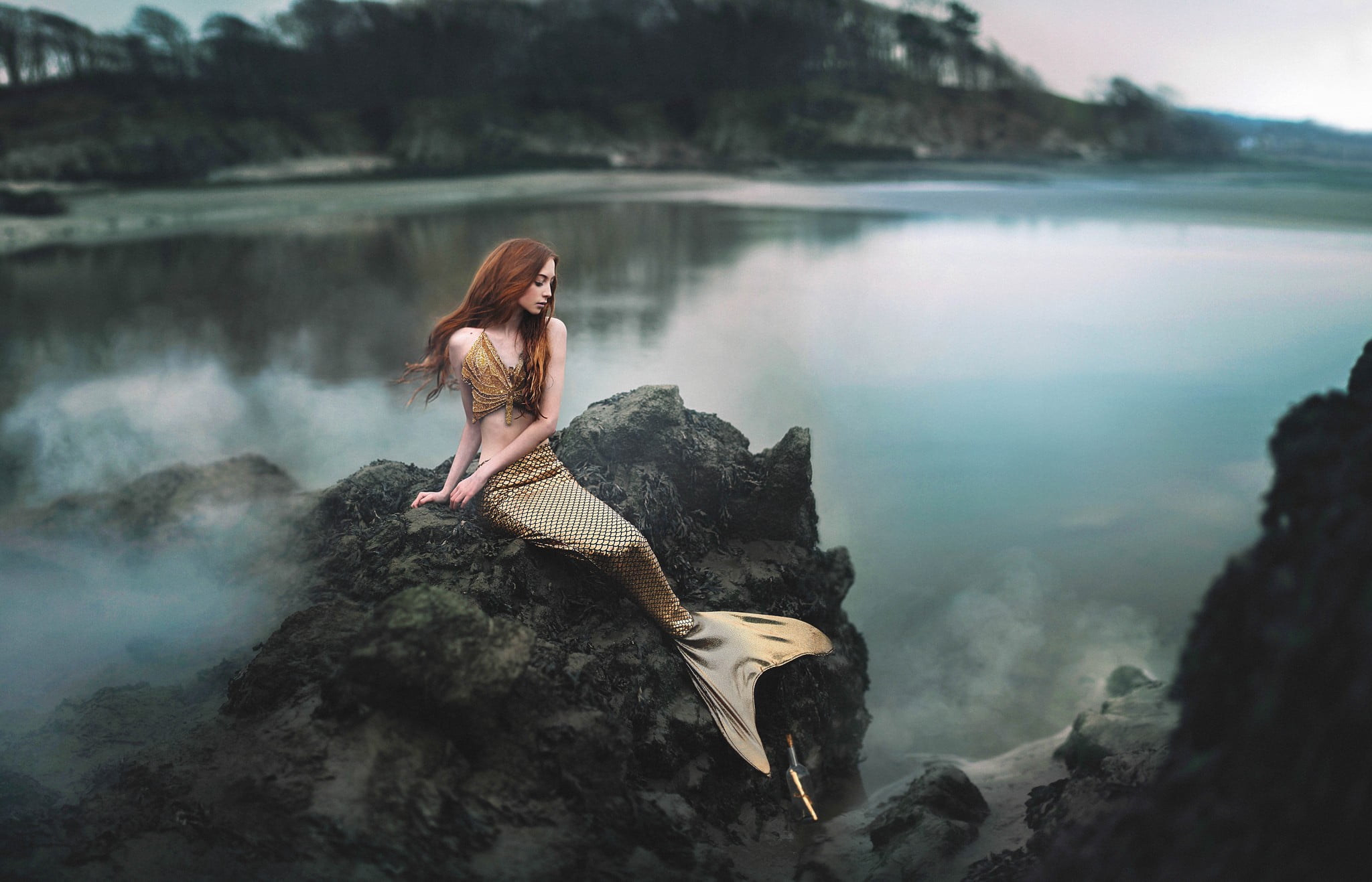 one person, women outdoors, young women, nature, 1080P, sitting, women, fantasy art, rock - object, rock, solid, beauty in nature, beauty, young adult, HD Wallpaper