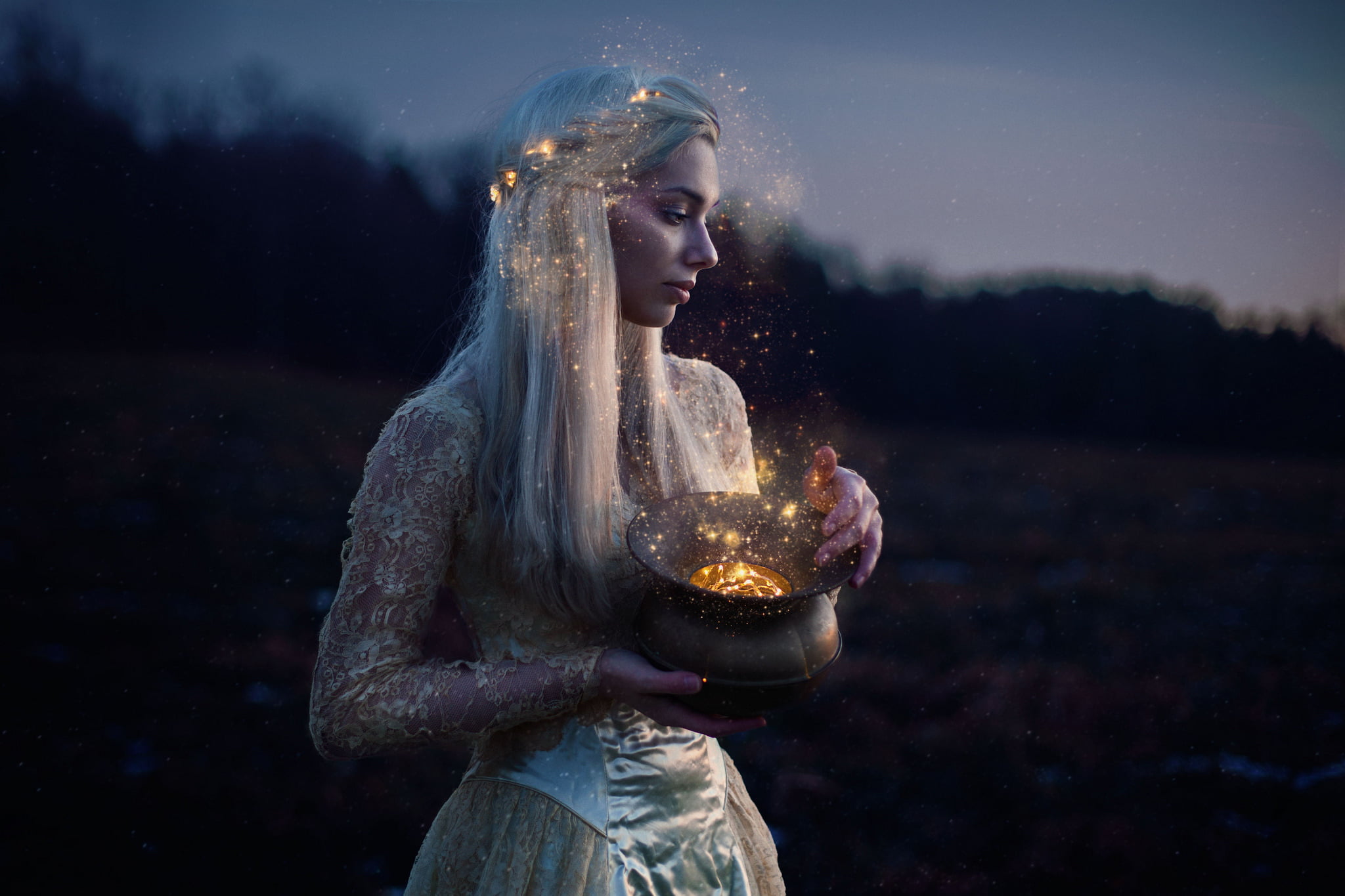 hairstyle, magic, beauty, fashion, young adult, mood, nature, contemplation, mystery, adult, girl, night, 1080P, the situation, digital composite, sky, HD Wallpaper