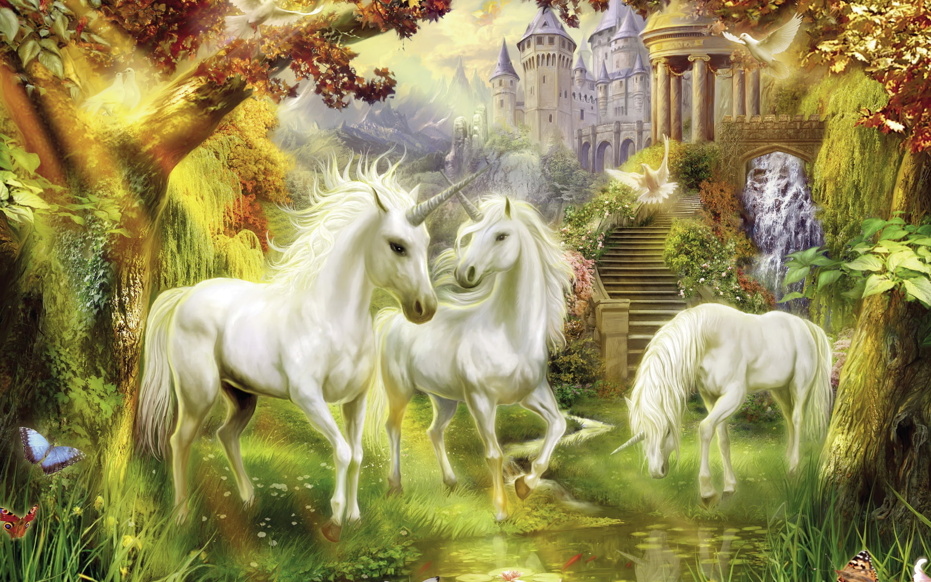 architecture, mammal, representation, animal themes, fantasy, plant, horses, group of animals, Trees, Unicorn, day, domestic, 1080P, water, vertebrate, HD Wallpaper