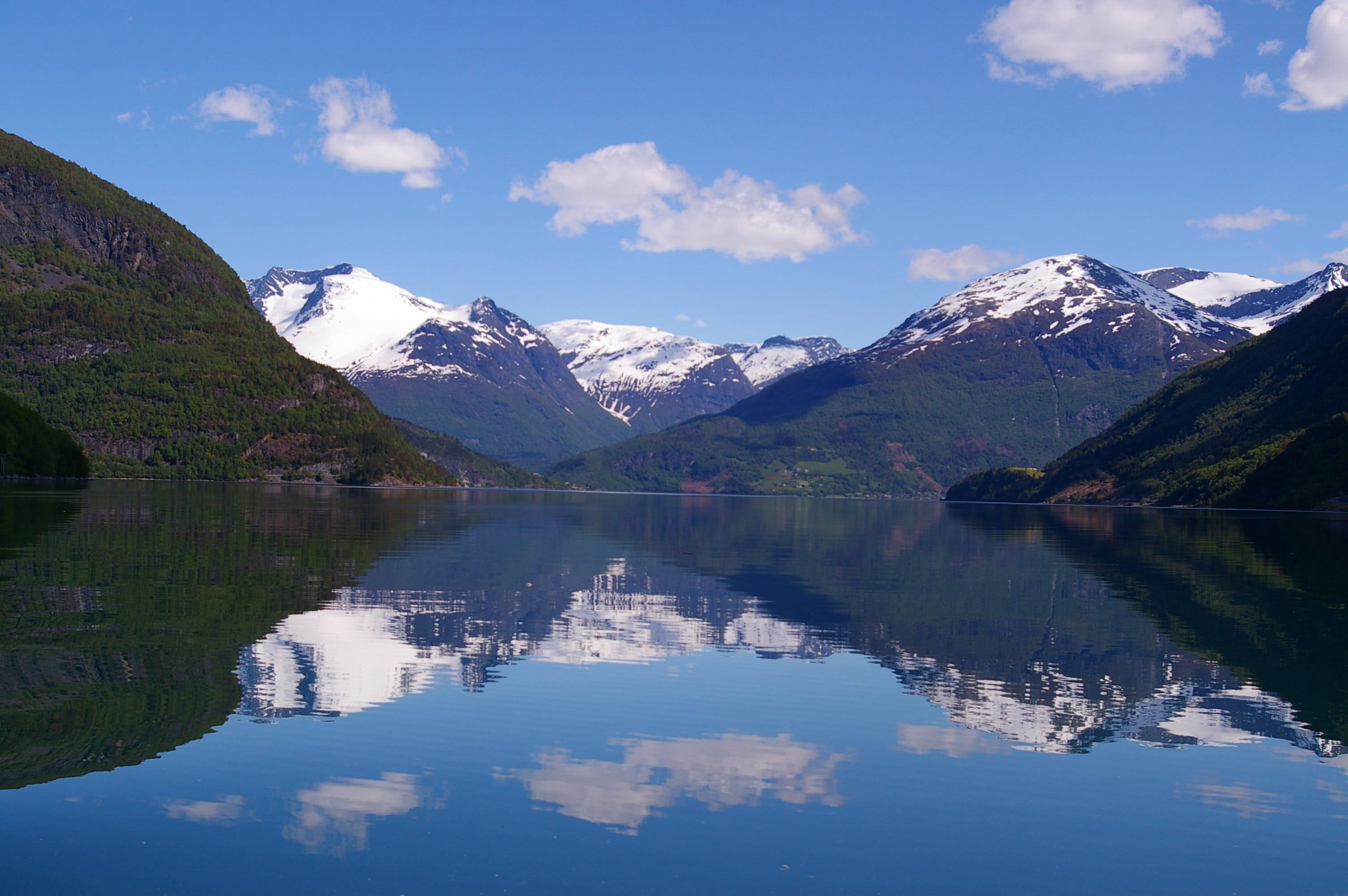 north, 2K, mountains, cold temperature, reflection lake, winter, snow, Nature, waterfront, Hill, lake, water, recovery, blue sky, Norway, outdoors, landscape, HD Wallpaper