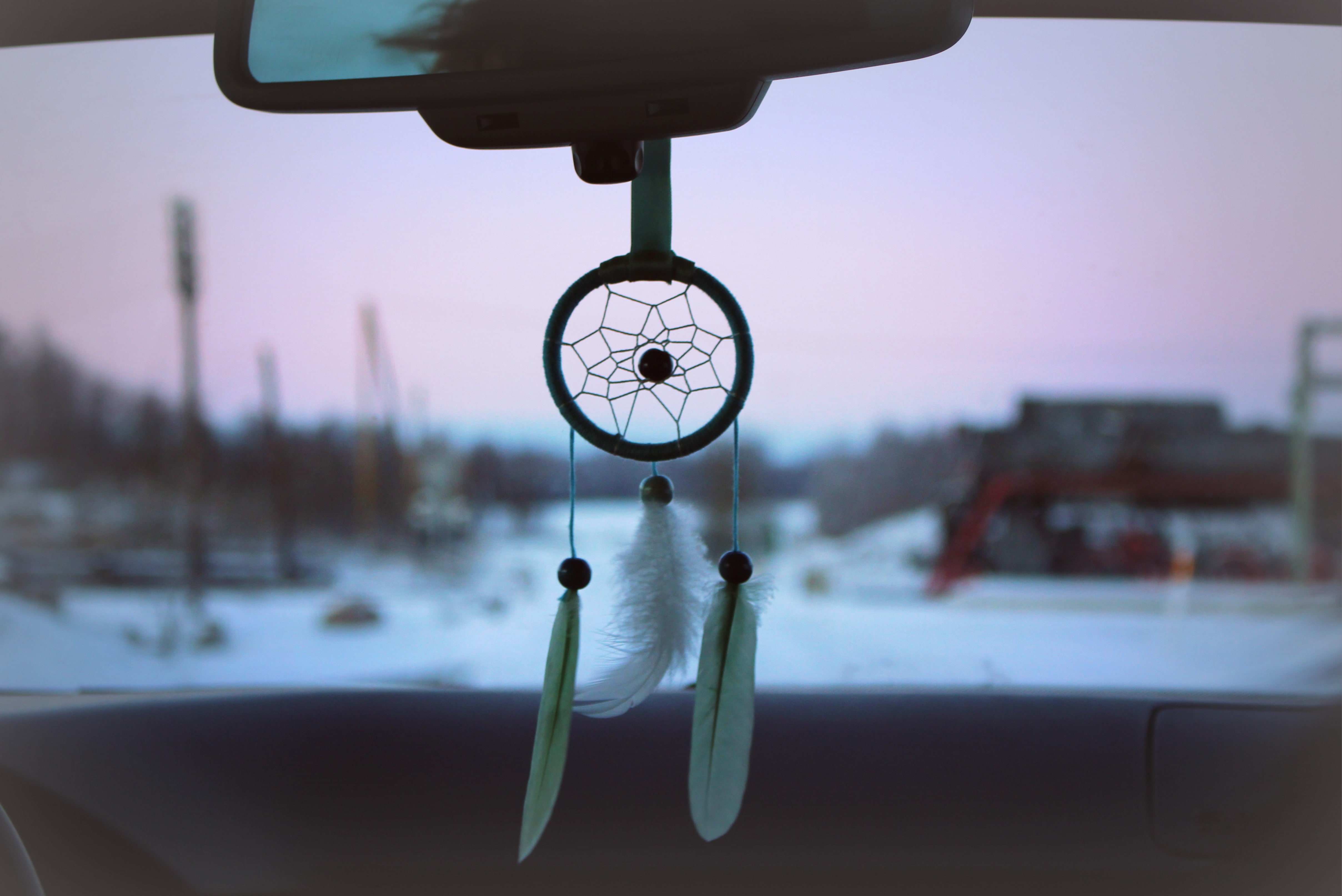 Beads, Dreamcatchers, windshield, Thread, winter, snow, indoors, white, Mirror, close-up, cold temperature, car interior, window, transportation, nature, HD Wallpaper