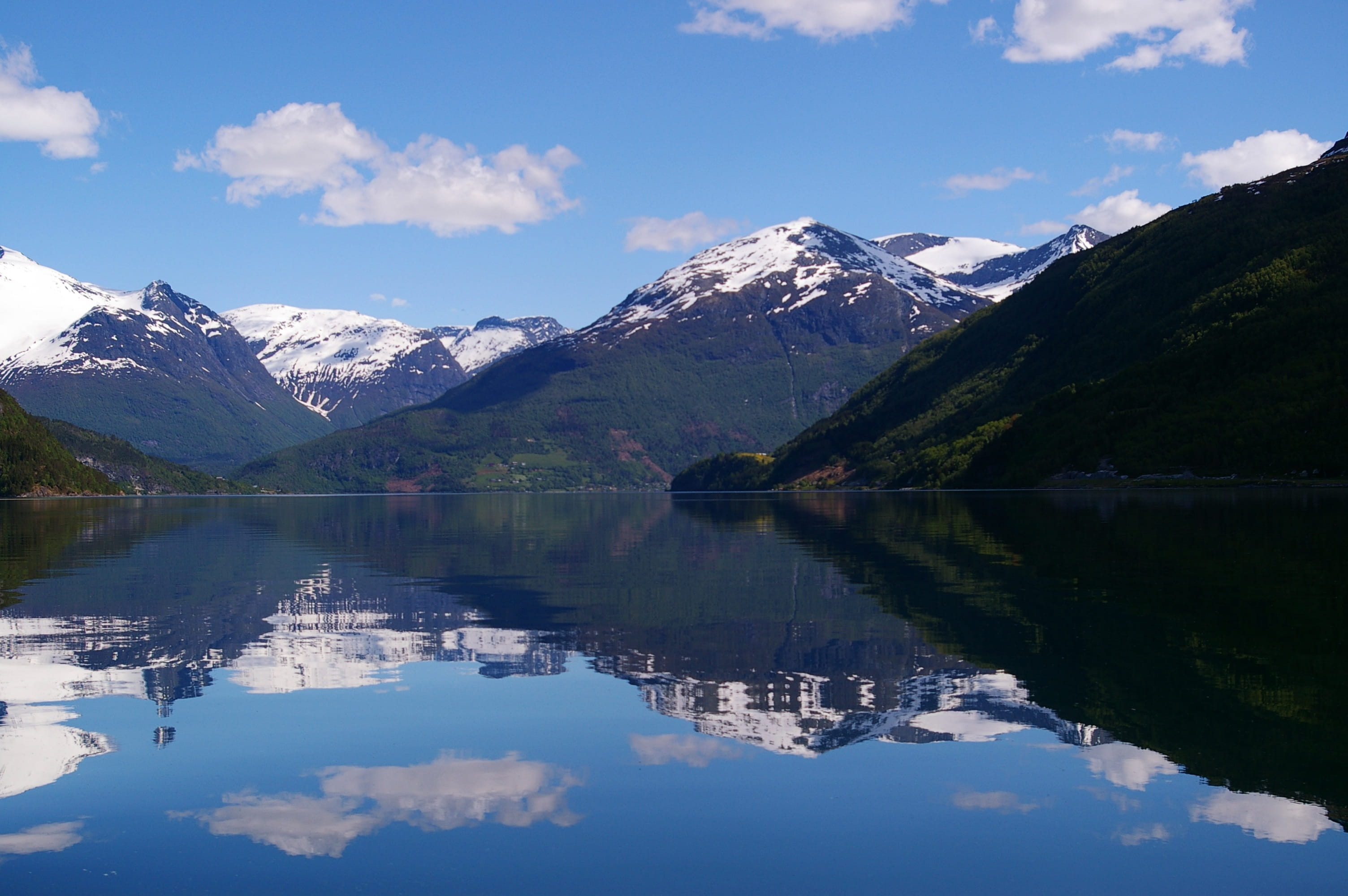 fjord, mirroring, mountain range, Nature, reflection lake, sunny, lake, snow cover, fjordlandschaft, winter, summit, holiday, spring, cold temperature, HD Wallpaper