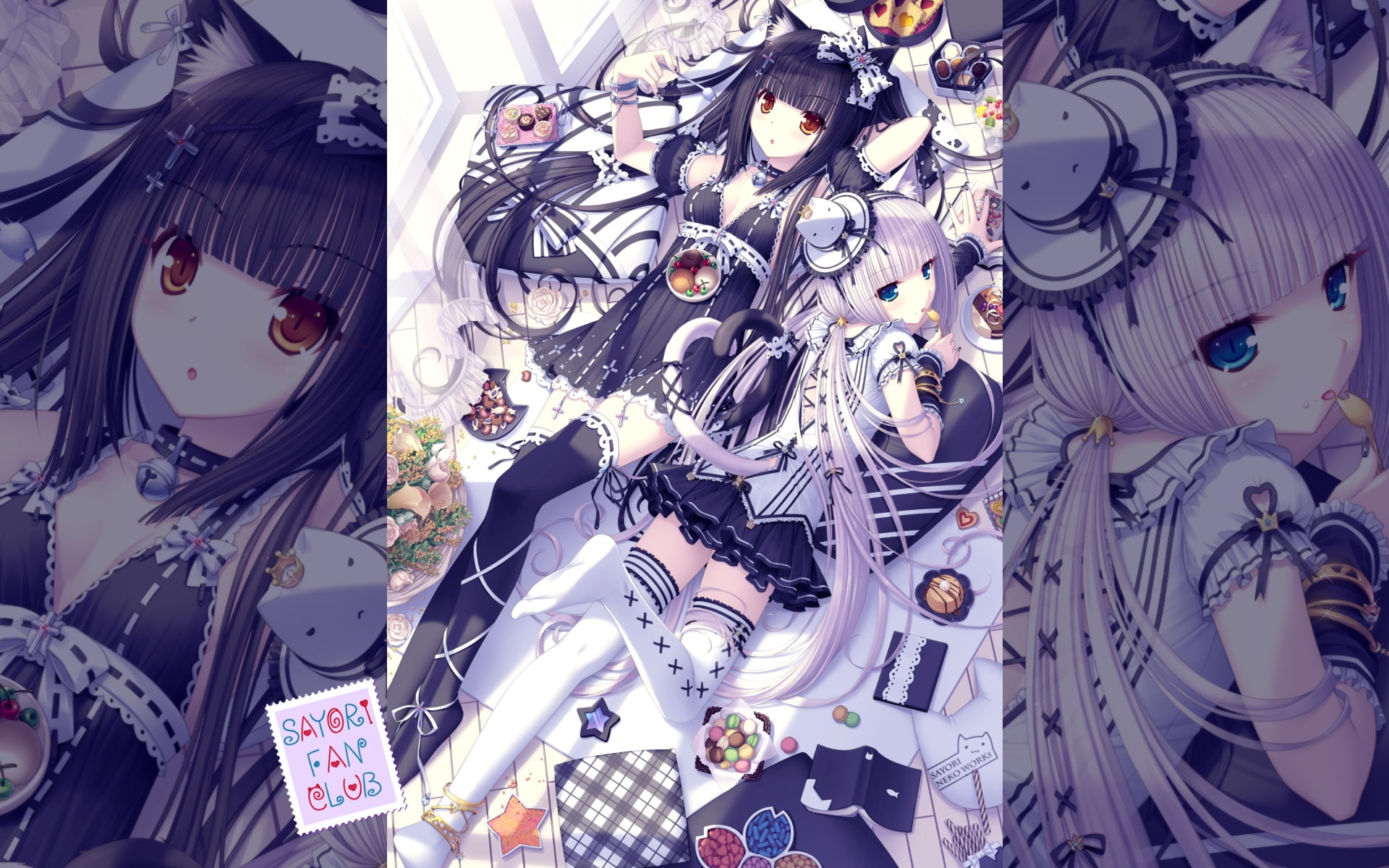 book, original, 237324, shade, 1080P, catgirl, sayori, eyes, heart, hair, food, collar, tail, 2girls, long, bell, rose, com, white, blue, flowers, hat, HD Wallpaper