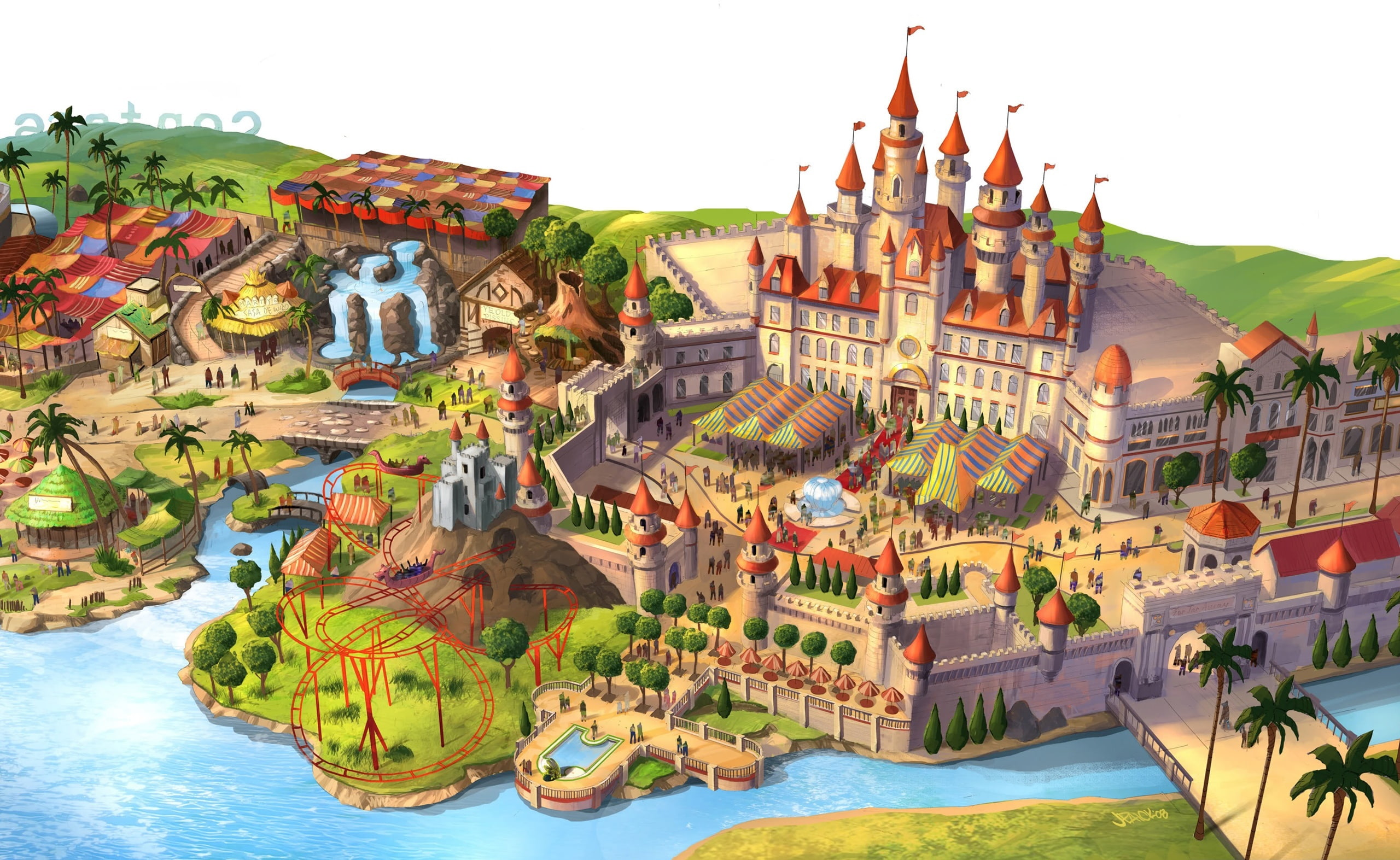 2K, outdoors, kingdom, representation, brown, building exterior, high angle view, travel destinations, digital, day, sky, Old Disney, human representation, HD Wallpaper