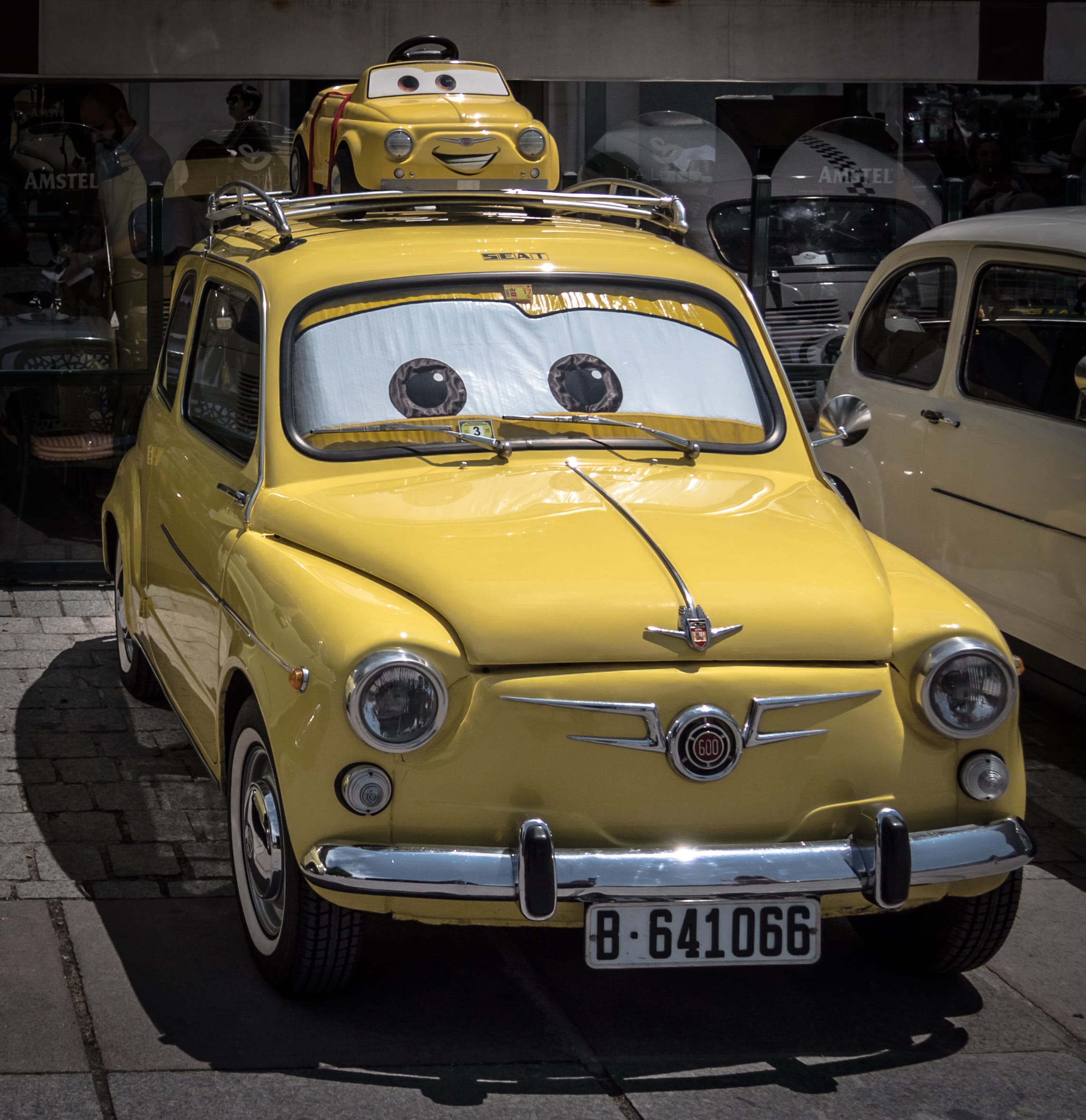 Walt Disney, taxi, 1080P, themed, parking, street, number, old-fashioned, collection, Car, retro styled, character, yellow taxi, stationary, architecture, Phone HD Wallpaper
