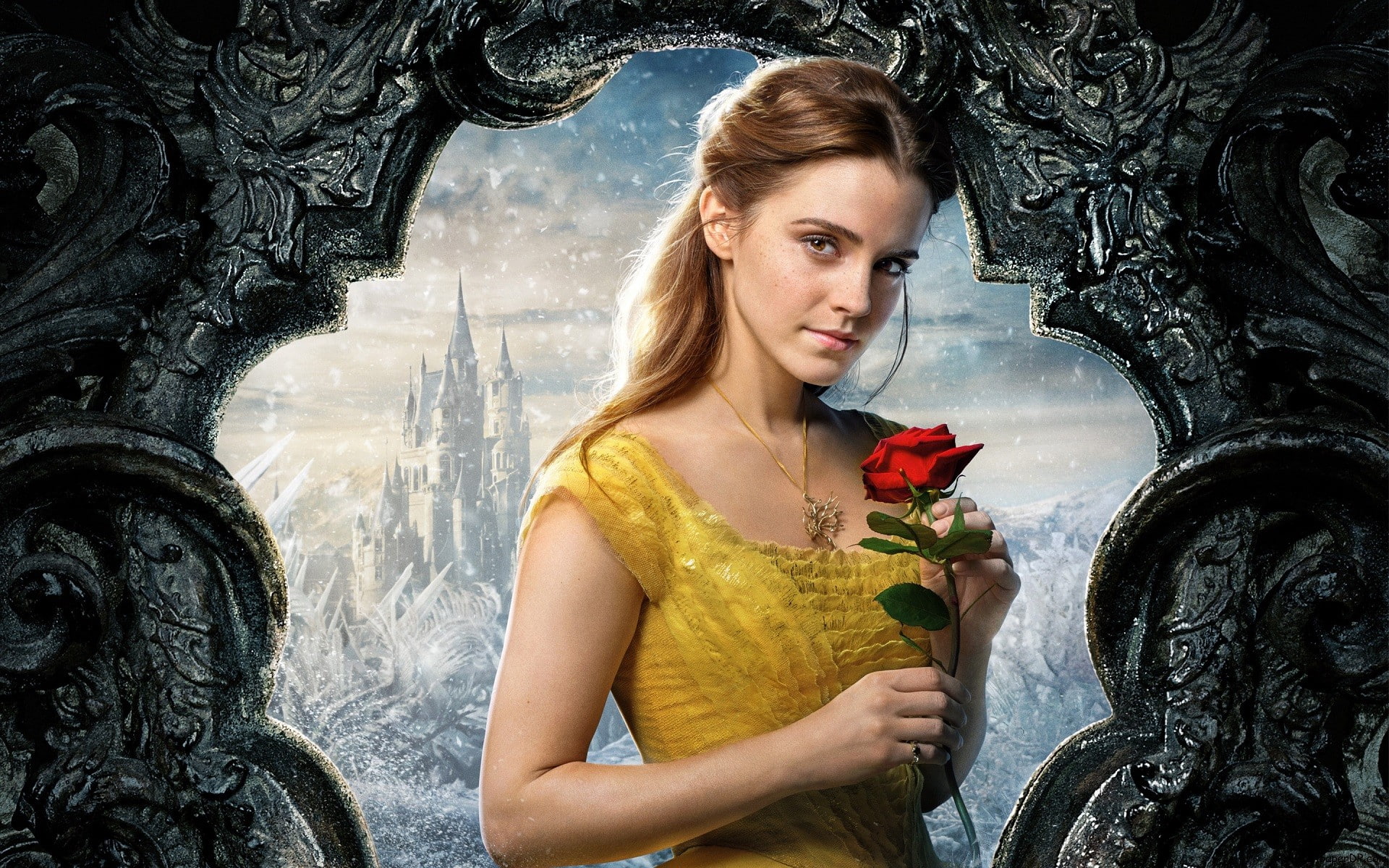 snow, castle, necklace, yellow dress, Emma Watson, long hair, flowers, dress, Disney, Beauty and the Beast, actress, freckles, brown eyes, rose, women, HD Wallpaper