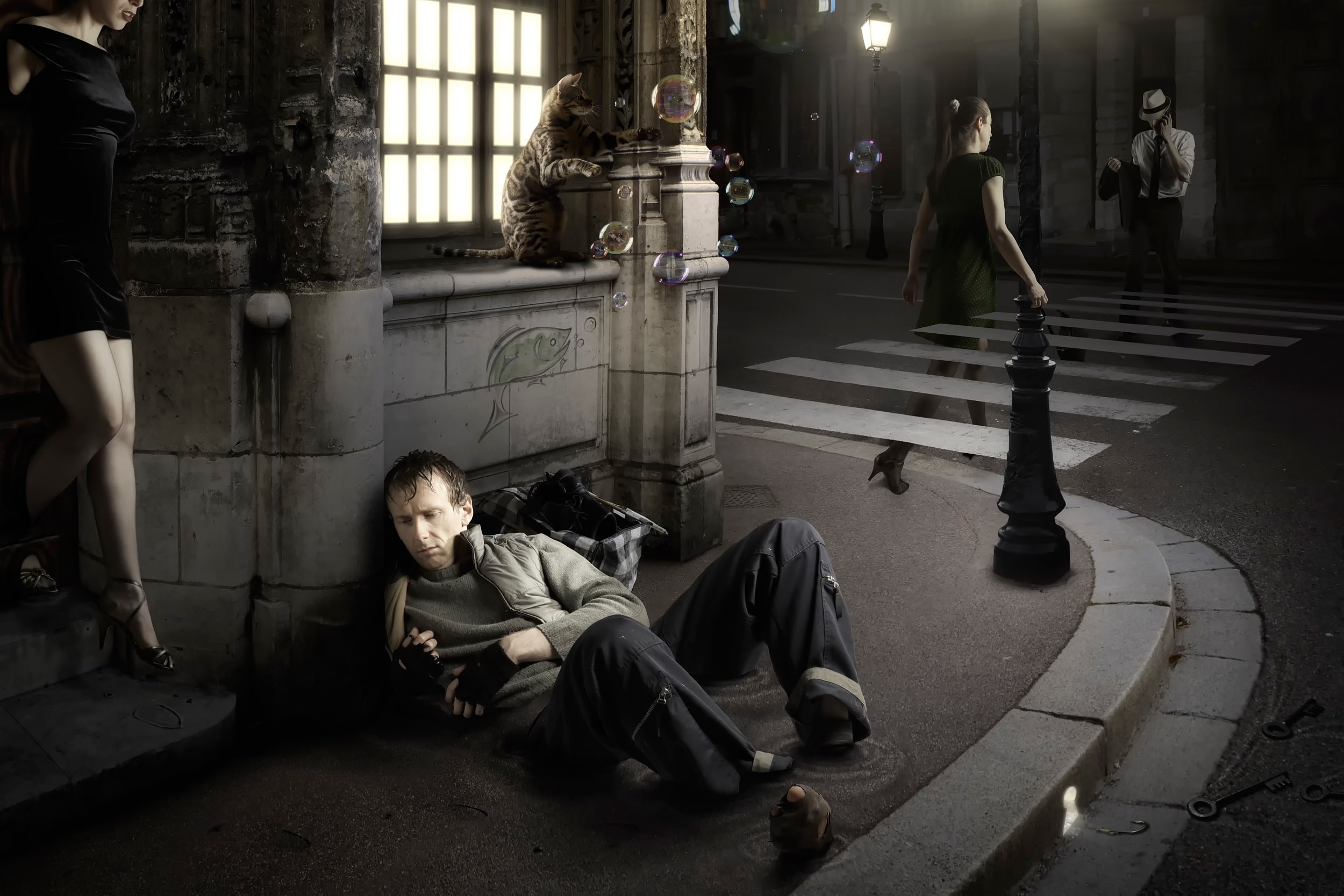 cat, street, fantasy, the city, hobo, girl, art, bubbles, hallucinations, 1080P, HD Wallpaper