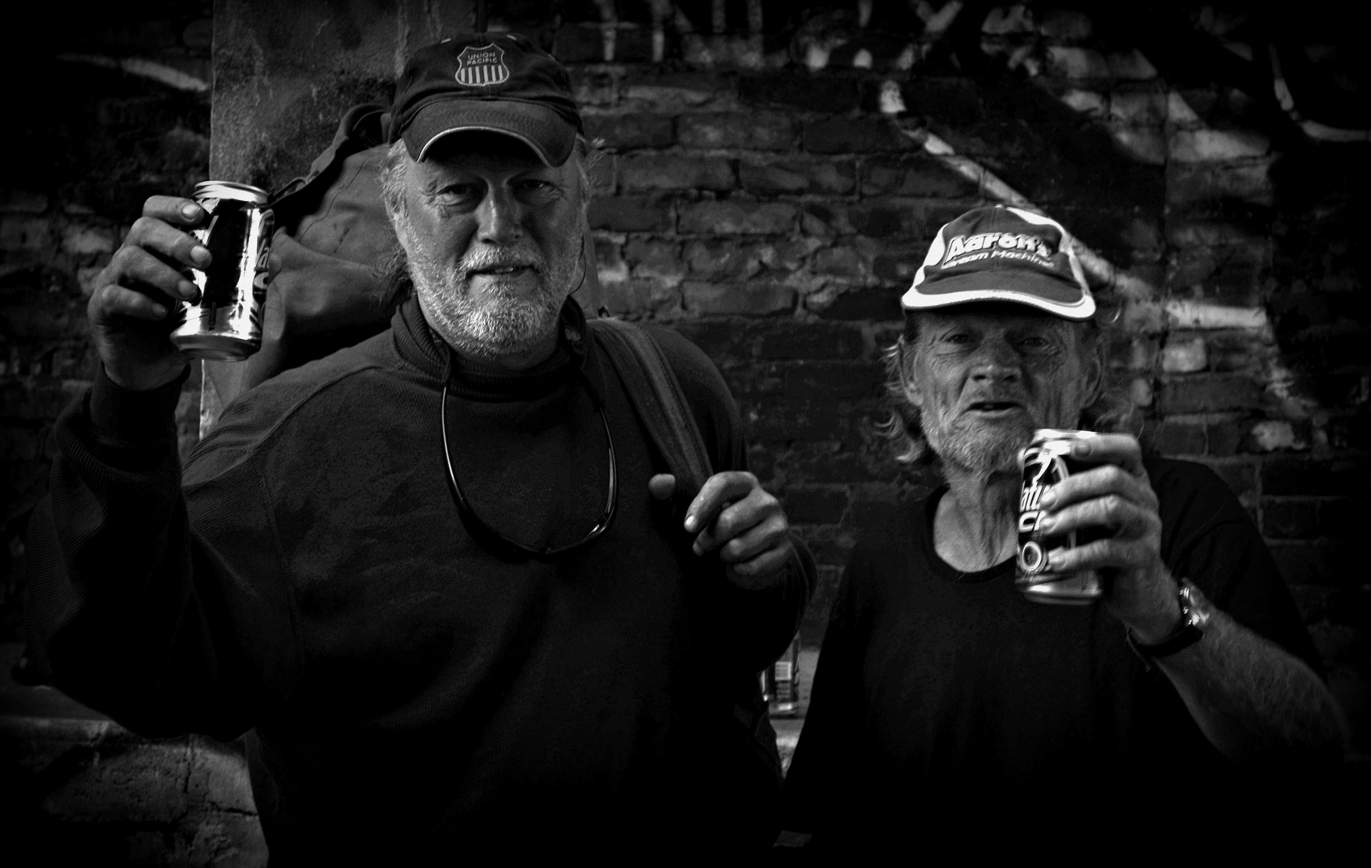 hobo, friends, happy, together, party, drinking, mature men, activity, black, b w, smiling, alcohol, work tool, hat, portrait, males, people, senior men, HD Wallpaper