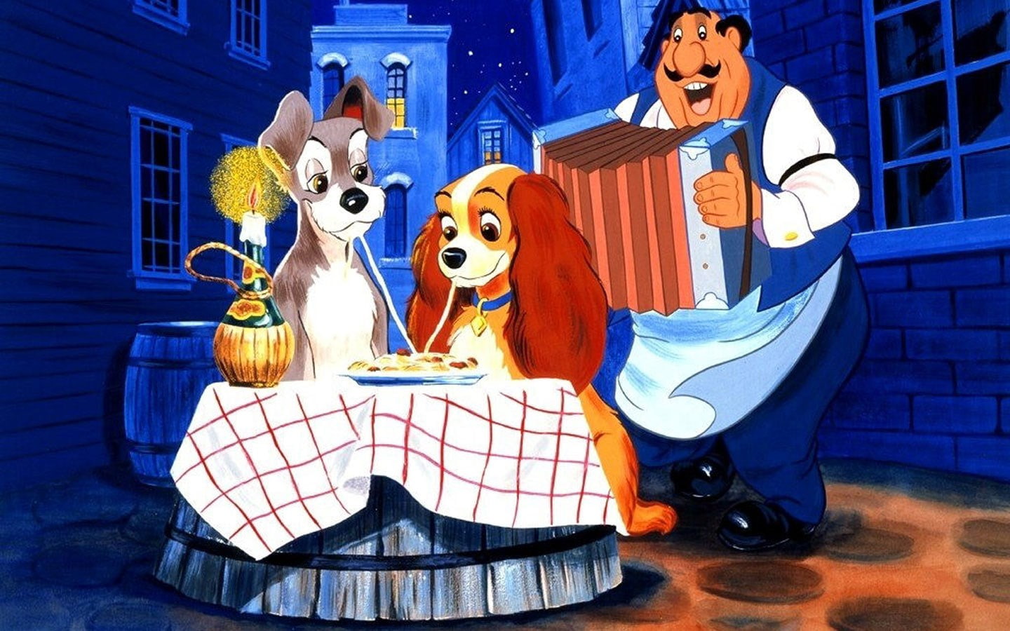 lady and the tramp, sculpture, no people, outdoors, 720P, craft, illuminated, representation, human representation, domestic animals, art and craft, arts culture and entertainment, HD Wallpaper
