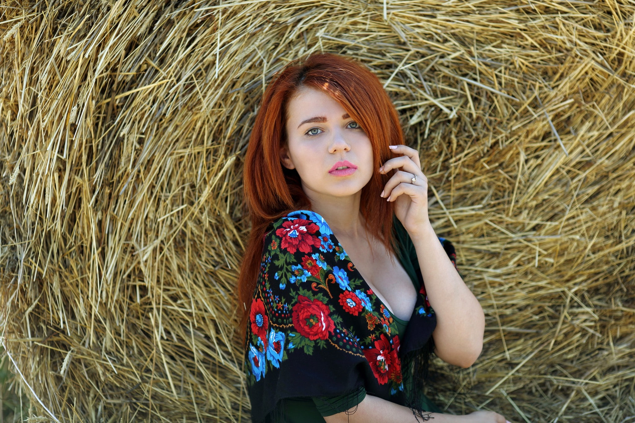 face, women, redhead, 1080P, hay, model, portrait, HD Wallpaper