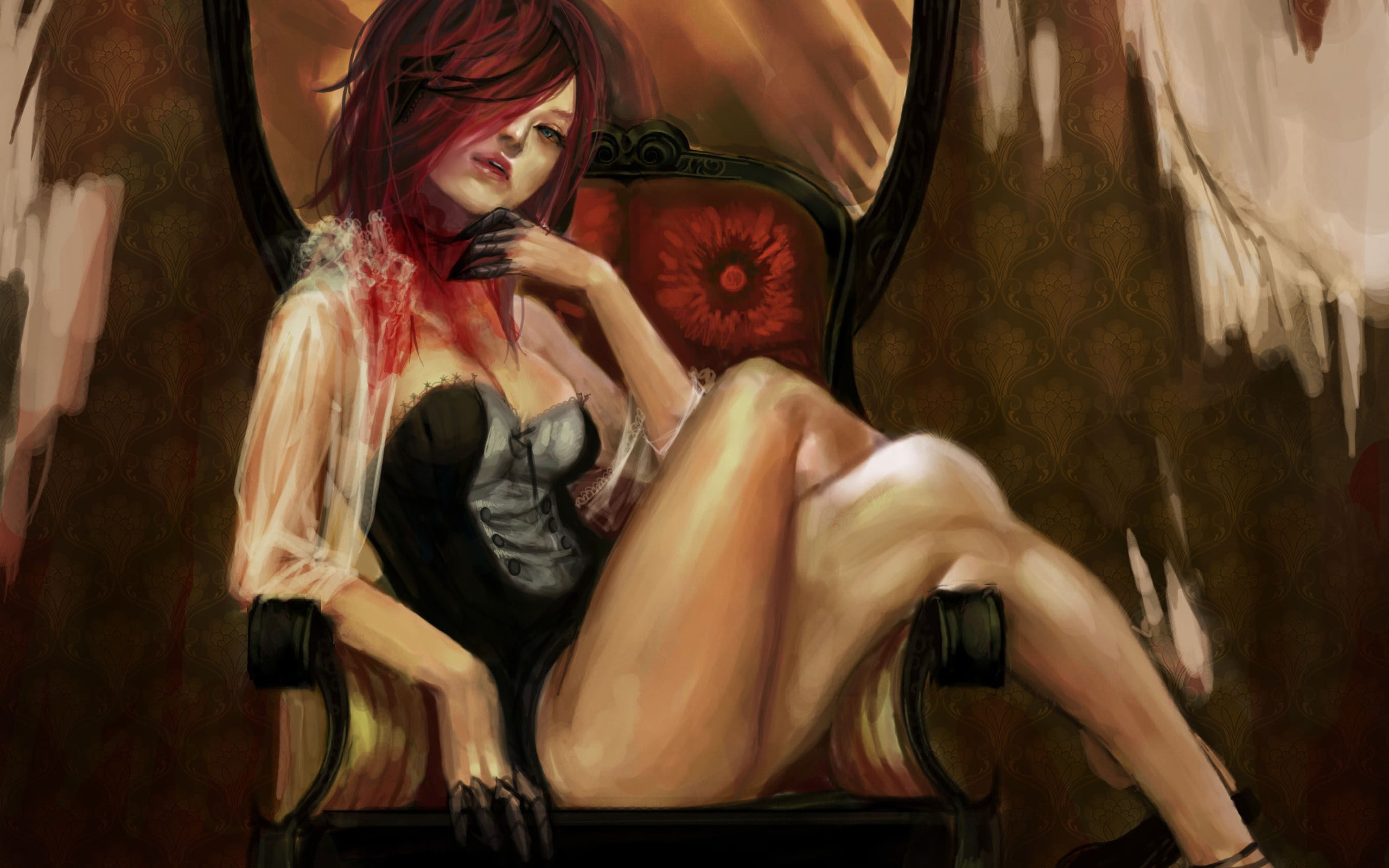 2K, hd, drawing, digital/artwork, redhead, corset, HD Wallpaper