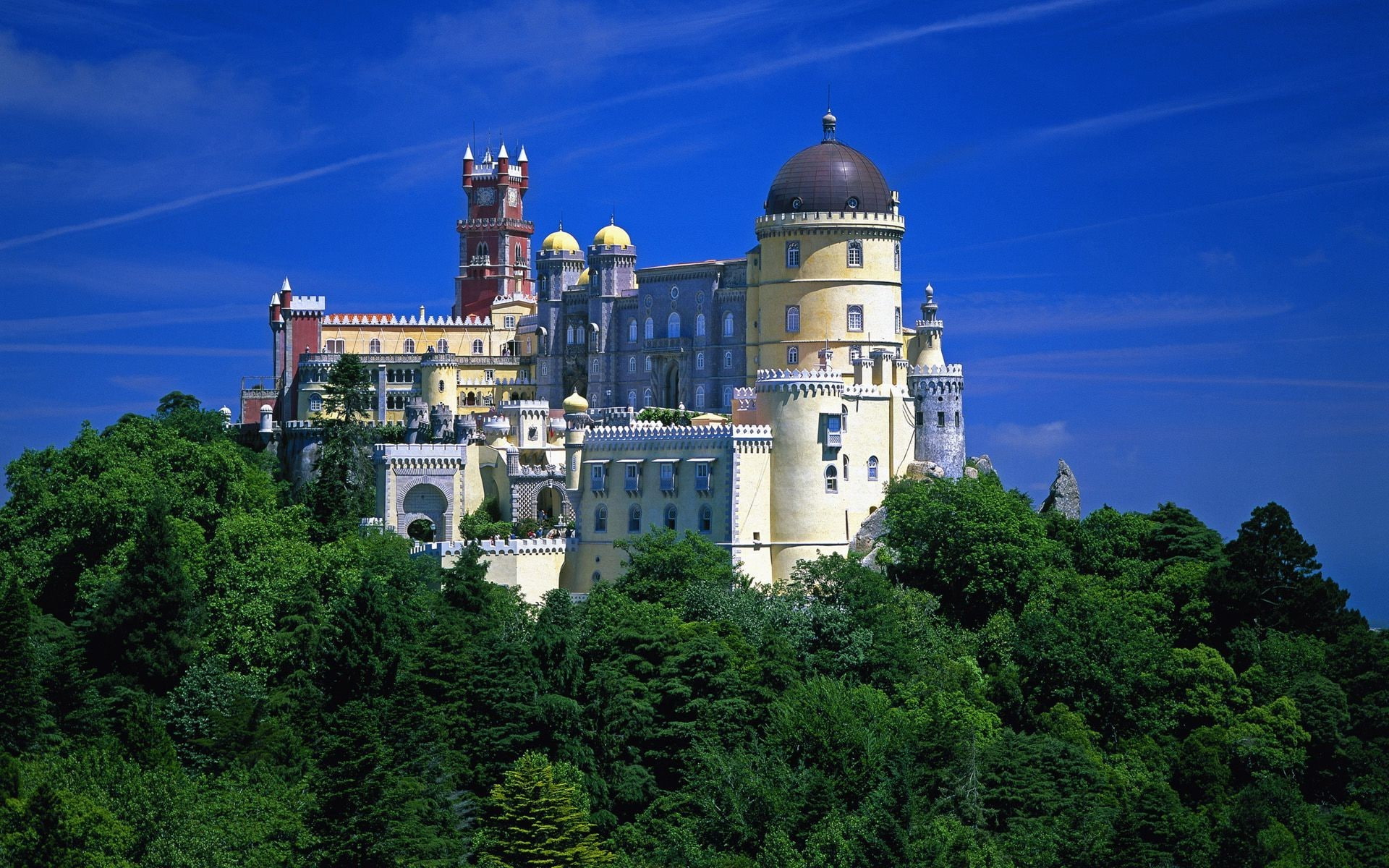 building, clouds, Dome, castle, rock, tower, forest, Portugal, Lisbon, nature, architecture, 1080P, HD Wallpaper