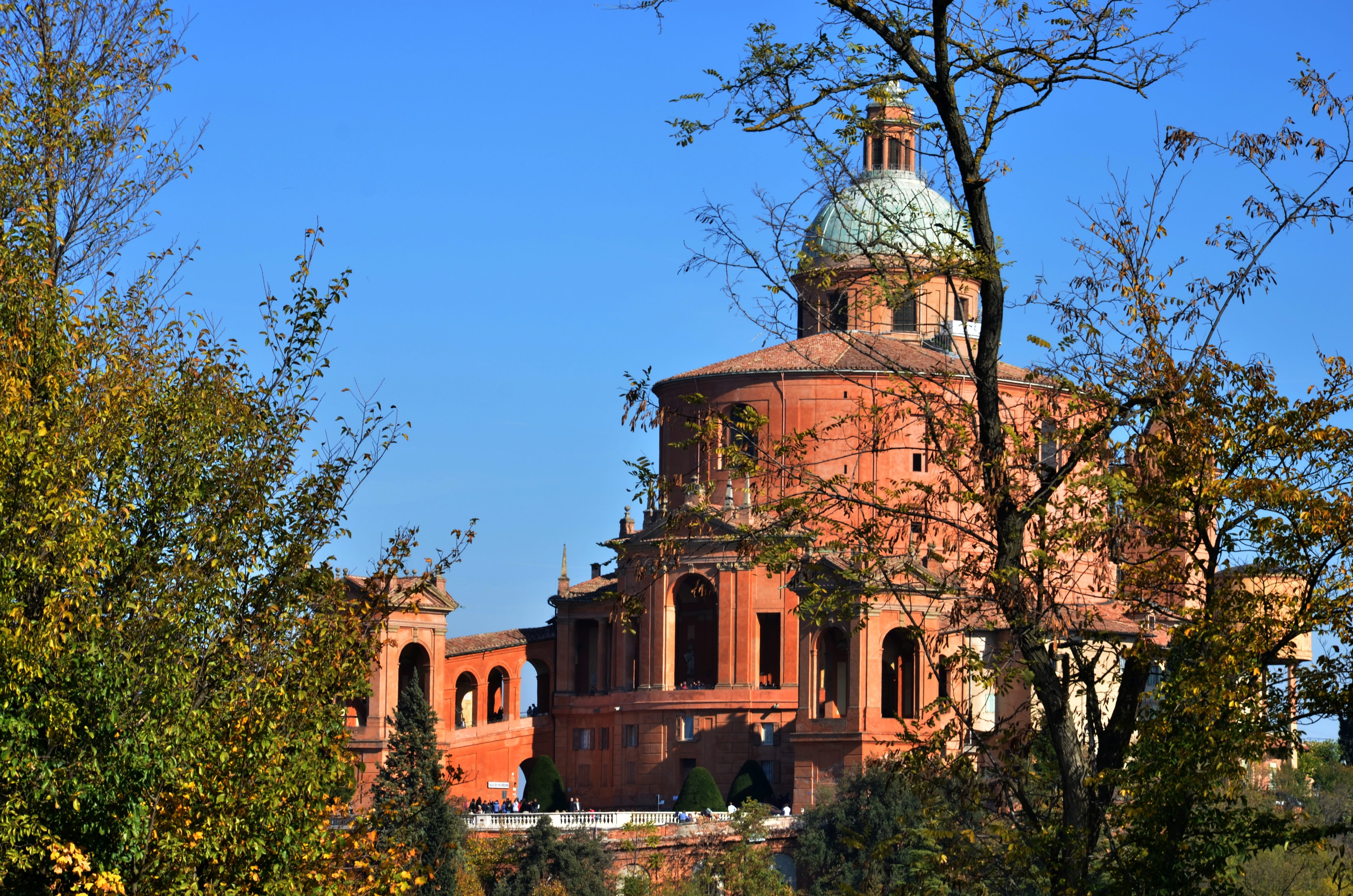san luca, clear sky, religion, architecture, building exterior, plant, bologna, history, built structure, tree, belief, outdoors, no people, spirituality, HD Wallpaper