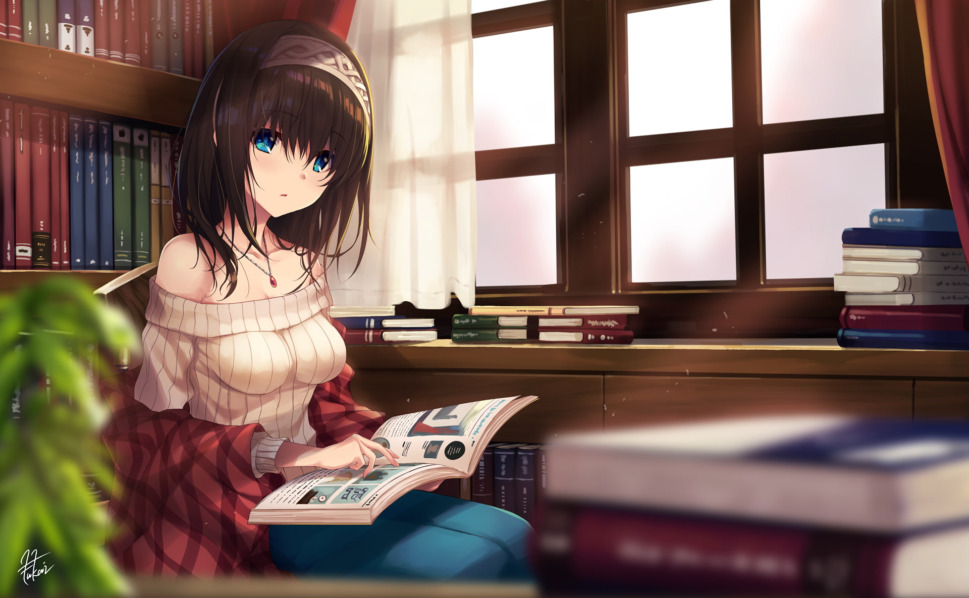1080P, THE iDOLM@STER, sitting, long hair, blue eyes, bare shoulders, indoors, necklace, THE iDOLM@STER: Cinderella Girls, sweater, anime girls, Sagisawa Fumika, HD Wallpaper