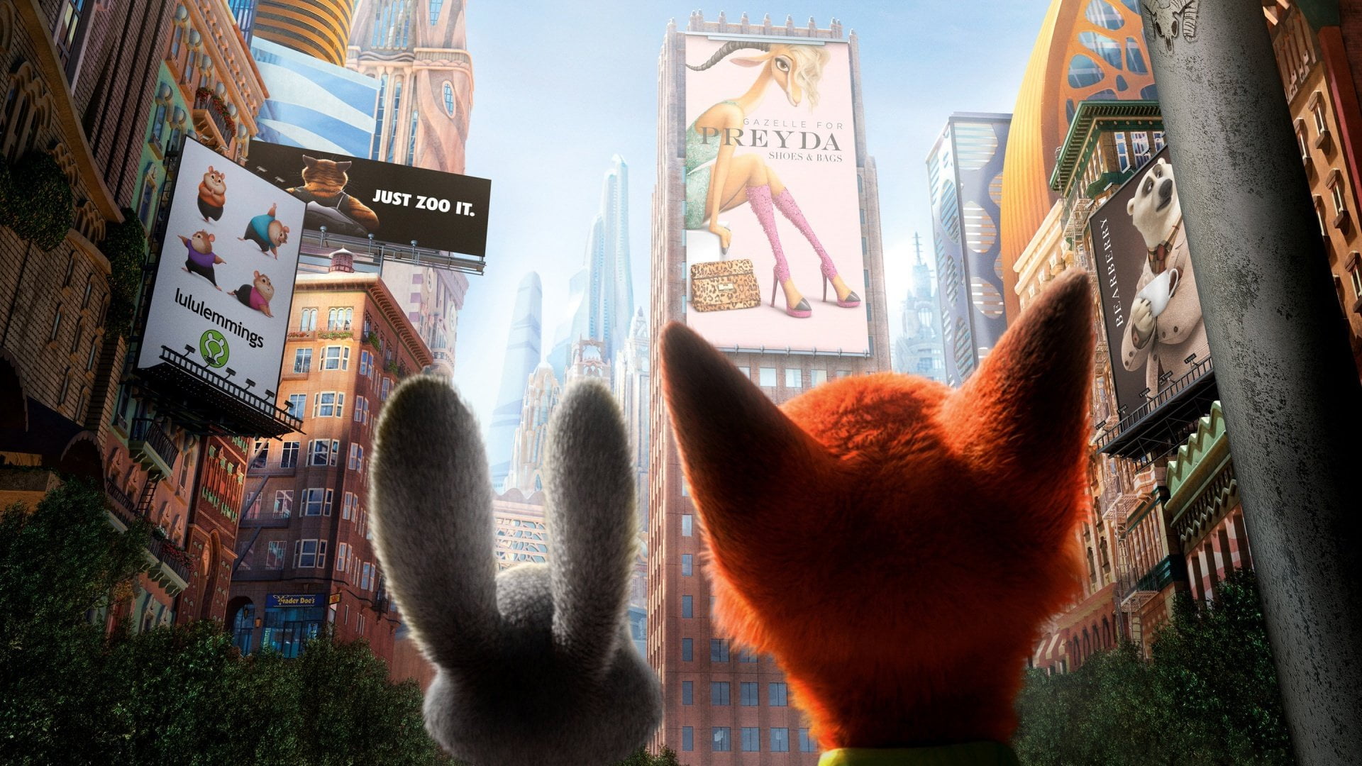 Movie, Zootopia, low angle view, window, representation, sign, no people, city, 1080P, animal themes, sunlight, text, outdoors, western script, Judy Hopps, HD Wallpaper