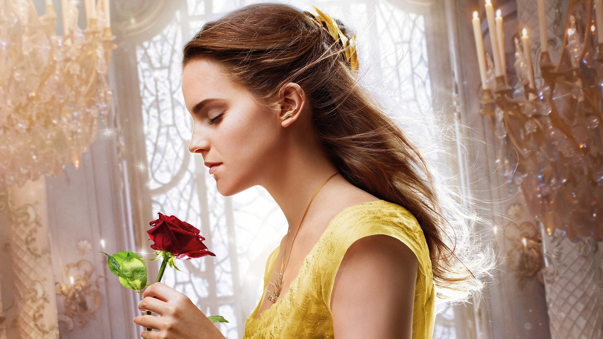 flowers, rose, actress, Emma Watson, yellow dress, Beauty and the Beast, movies, side view, 1080P, women, dress, profile, HD Wallpaper