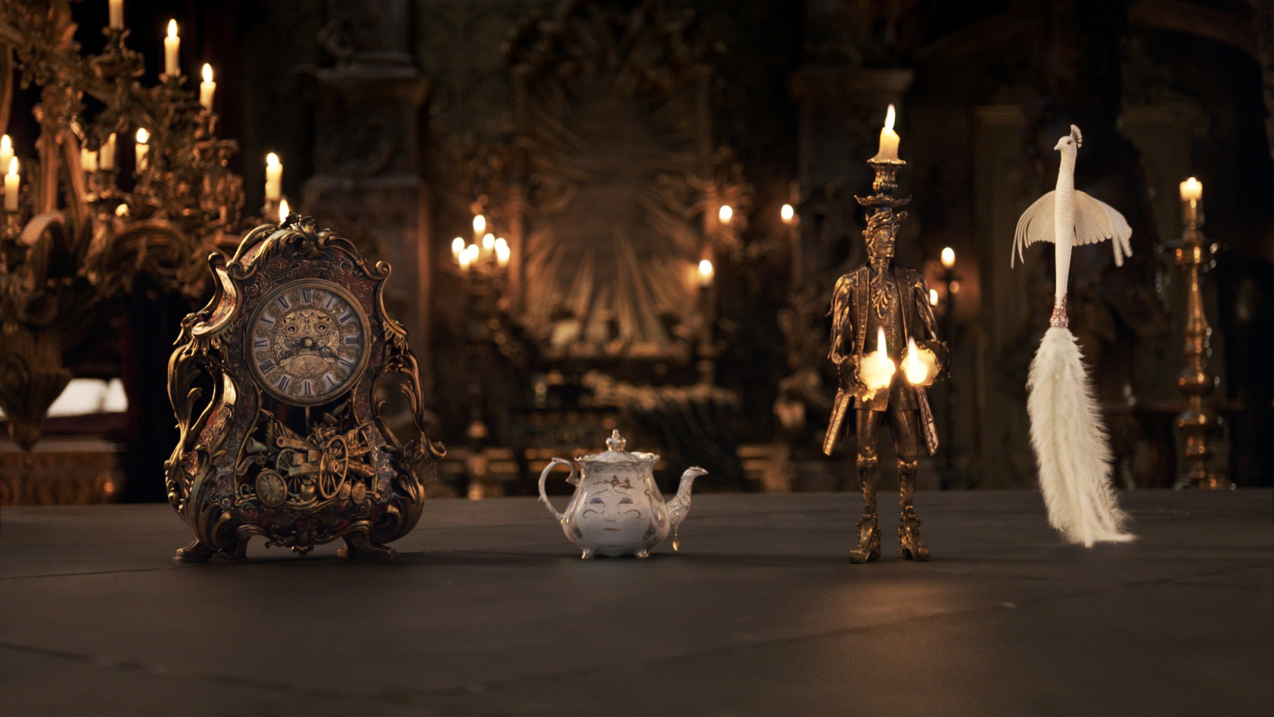desk, Emma Watson, Beauty and the Beast, clock, analog, 2K, brown, best movies, HD Wallpaper