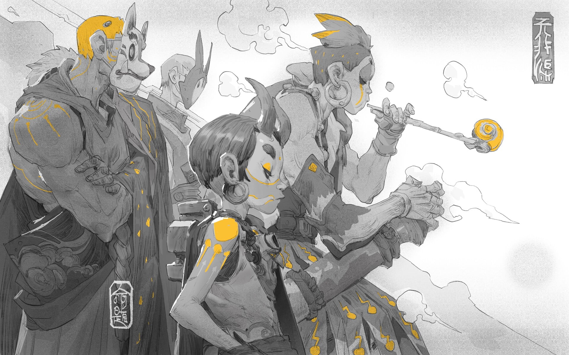 Chinese character, face mask, tattoo, daxue ding, smoke, artwork, simple background, mask, grey, yellow, 1080P, HD Wallpaper