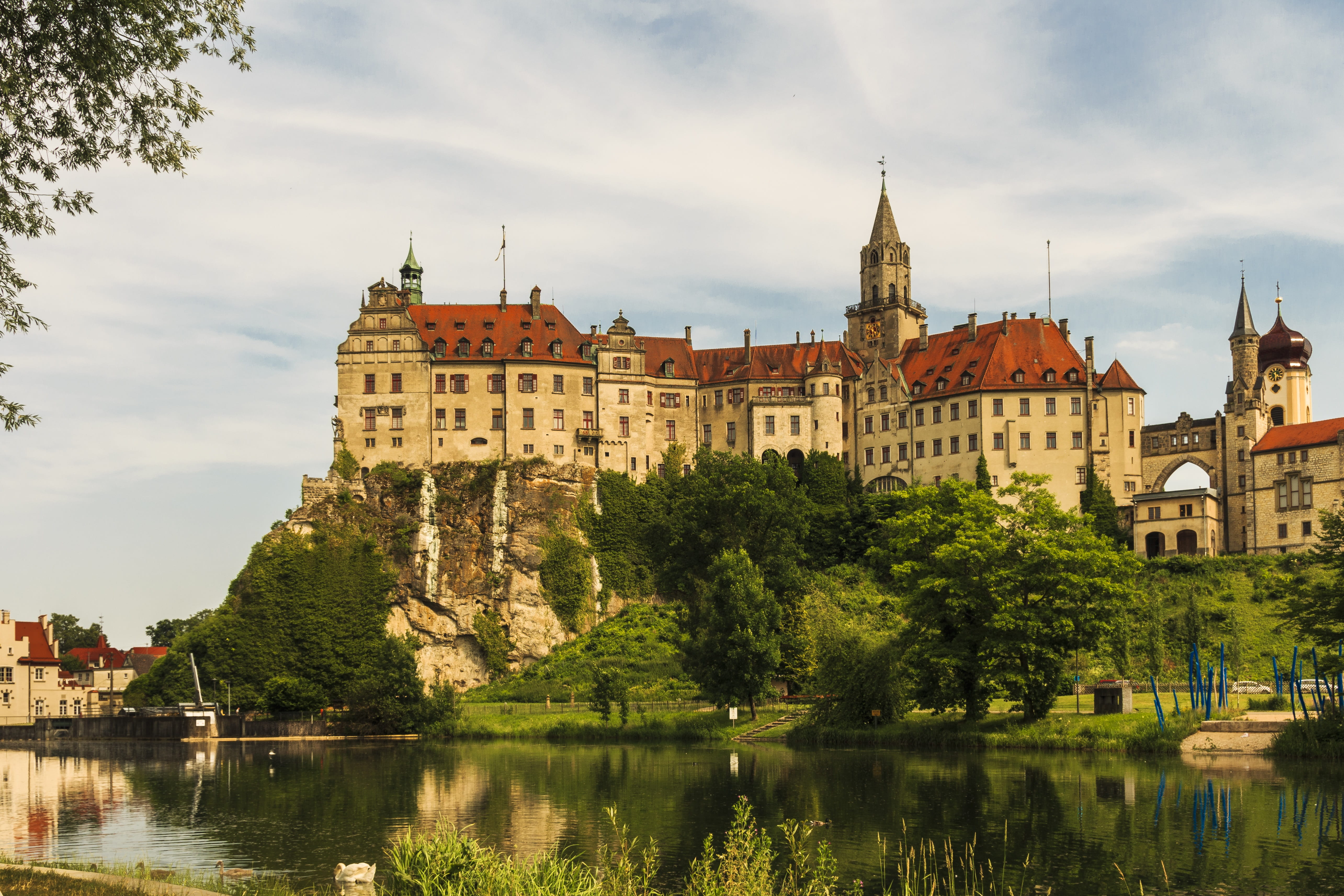 sky, cloud - sky, built structure, fortress, hohenzollern castle, red, architecture, reflection, near, beige, mirroring, tree, danube, fairy tale castle, HD Wallpaper